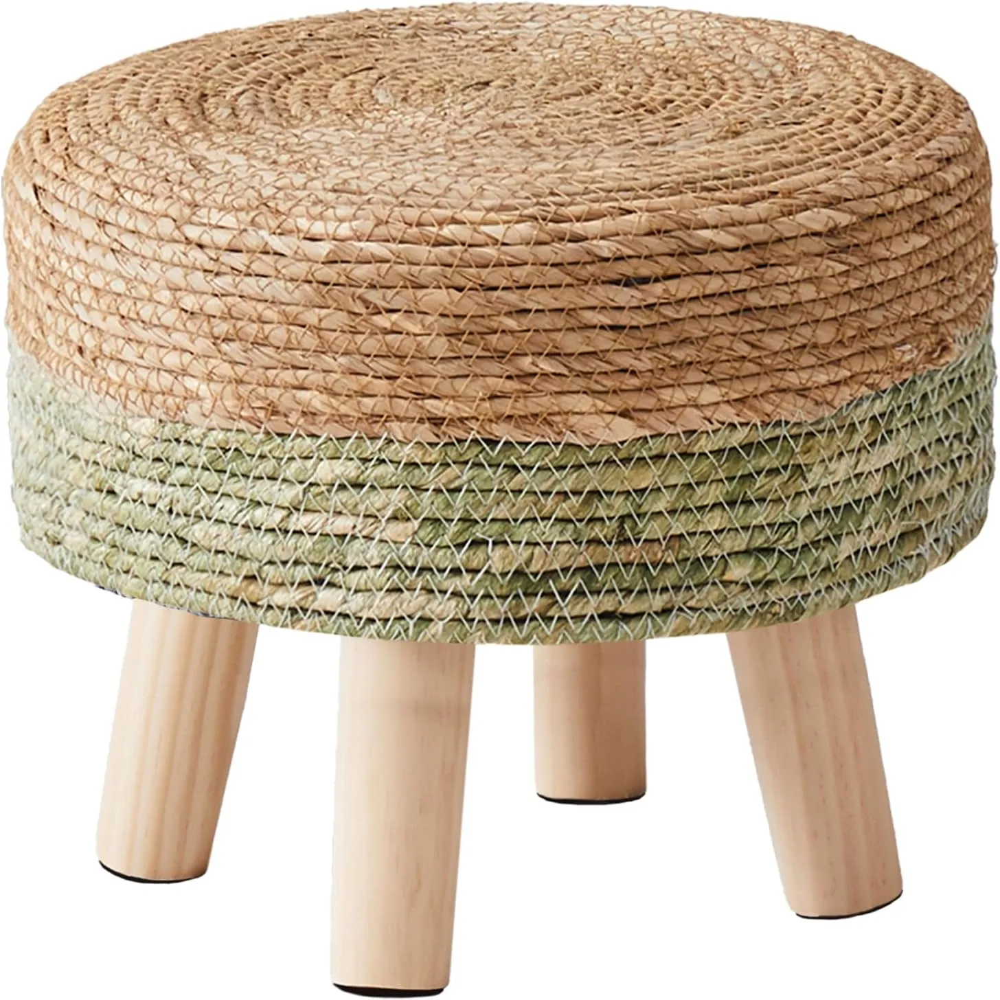 Cpintltr Ottoman Natural Seagrass Footrest Poufs Hand Weave Round Foot Stool for Couch Desk Soft Step Stool Padded Foot Rest with Pine Legs for Living Room Bedroom Natural/Green