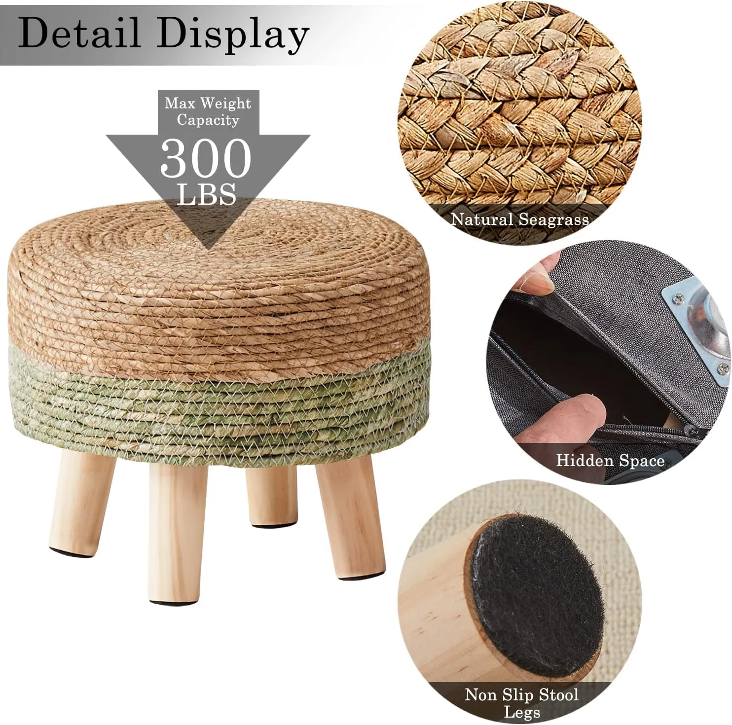 Cpintltr Ottoman Natural Seagrass Footrest Poufs Hand Weave Round Foot Stool for Couch Desk Soft Step Stool Padded Foot Rest with Pine Legs for Living Room Bedroom Natural/Green