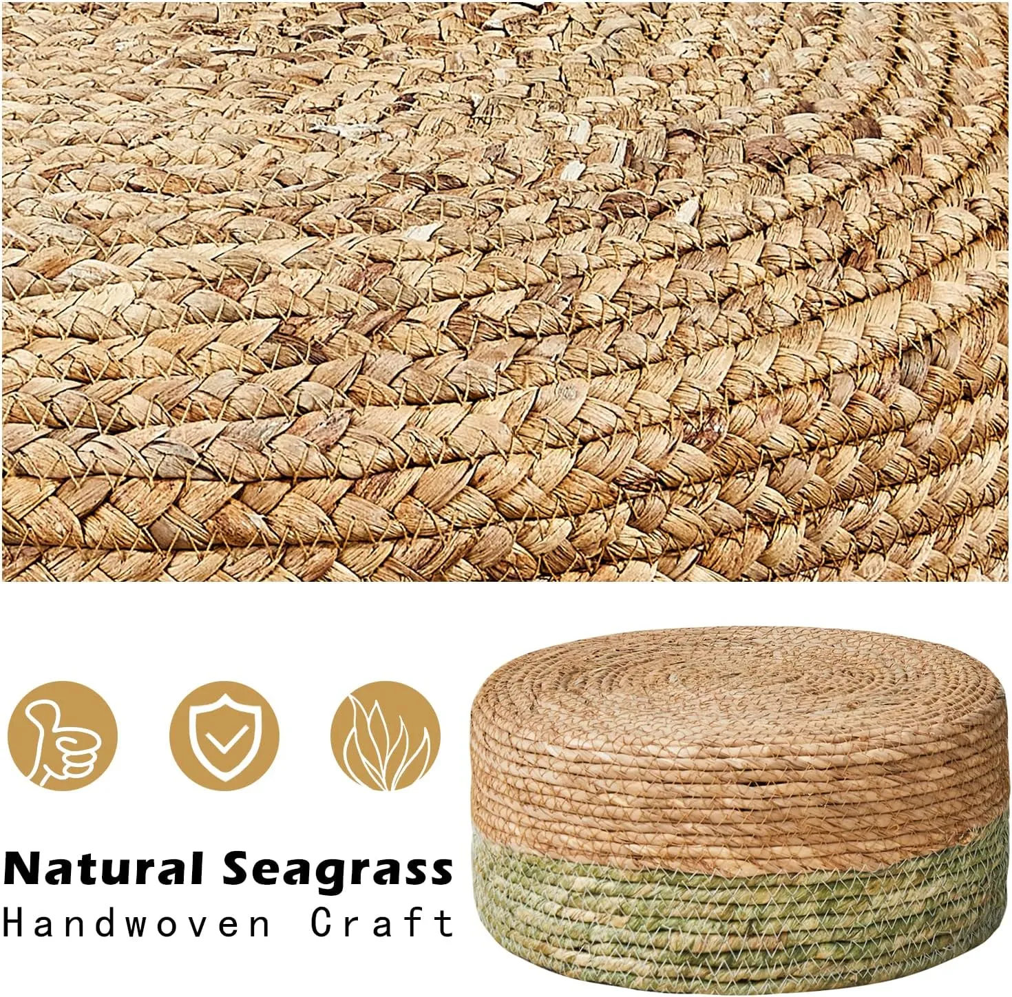 Cpintltr Ottoman Natural Seagrass Footrest Poufs Hand Weave Round Foot Stool for Couch Desk Soft Step Stool Padded Foot Rest with Pine Legs for Living Room Bedroom Natural/Green