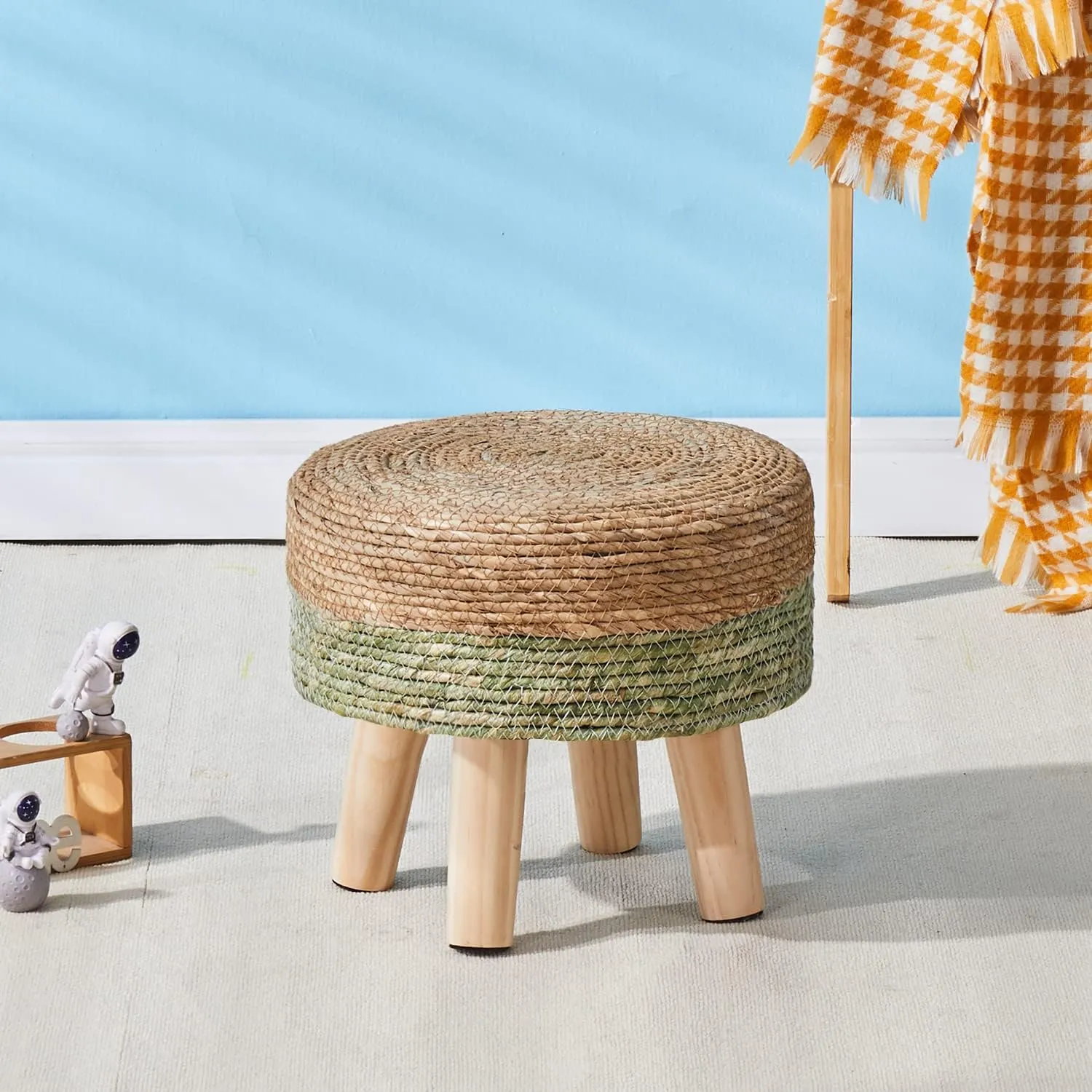 Cpintltr Ottoman Natural Seagrass Footrest Poufs Hand Weave Round Foot Stool for Couch Desk Soft Step Stool Padded Foot Rest with Pine Legs for Living Room Bedroom Natural/Green