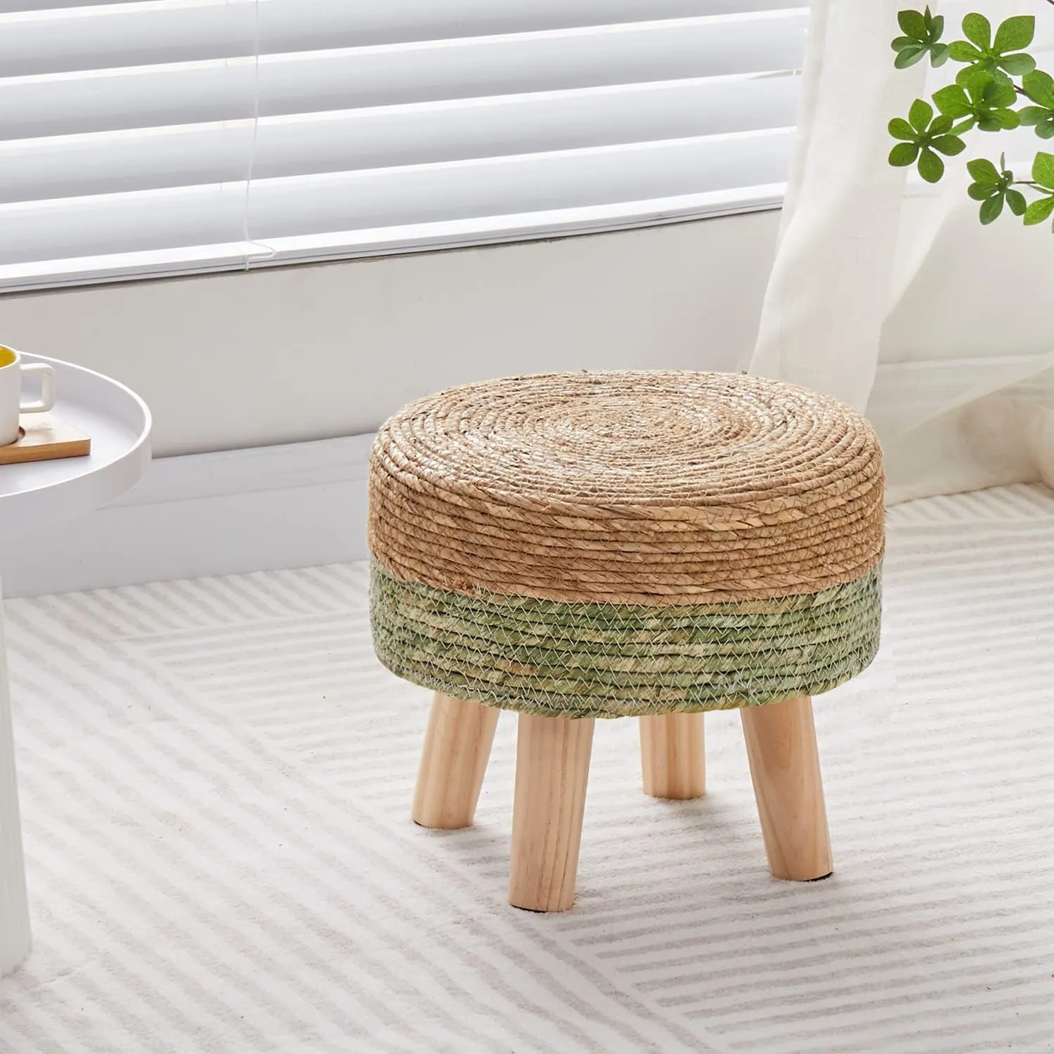 Cpintltr Ottoman Natural Seagrass Footrest Poufs Hand Weave Round Foot Stool for Couch Desk Soft Step Stool Padded Foot Rest with Pine Legs for Living Room Bedroom Natural/Green