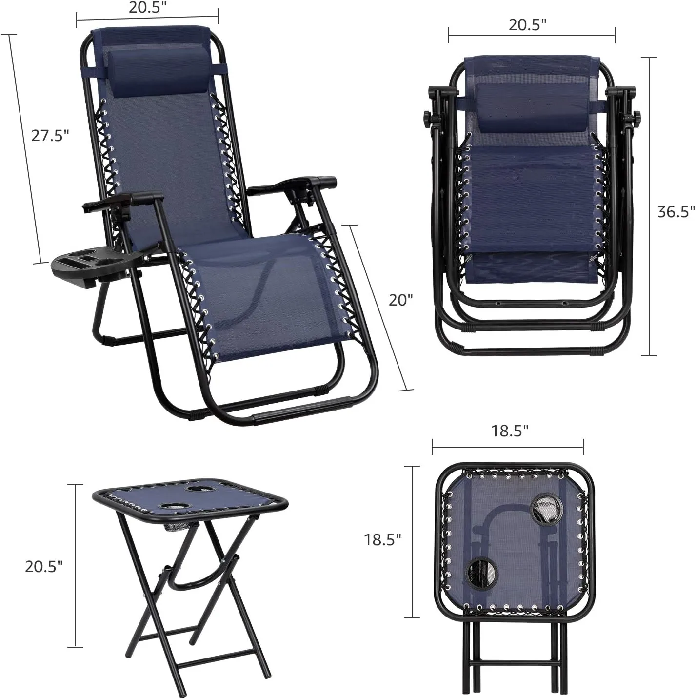 Devoko Patio Zero Gravity Chair Outdoor Folding Recliner Chairs with Table Pool Side Using Lawn Chair Sets with Pillow (Deep Blue)
