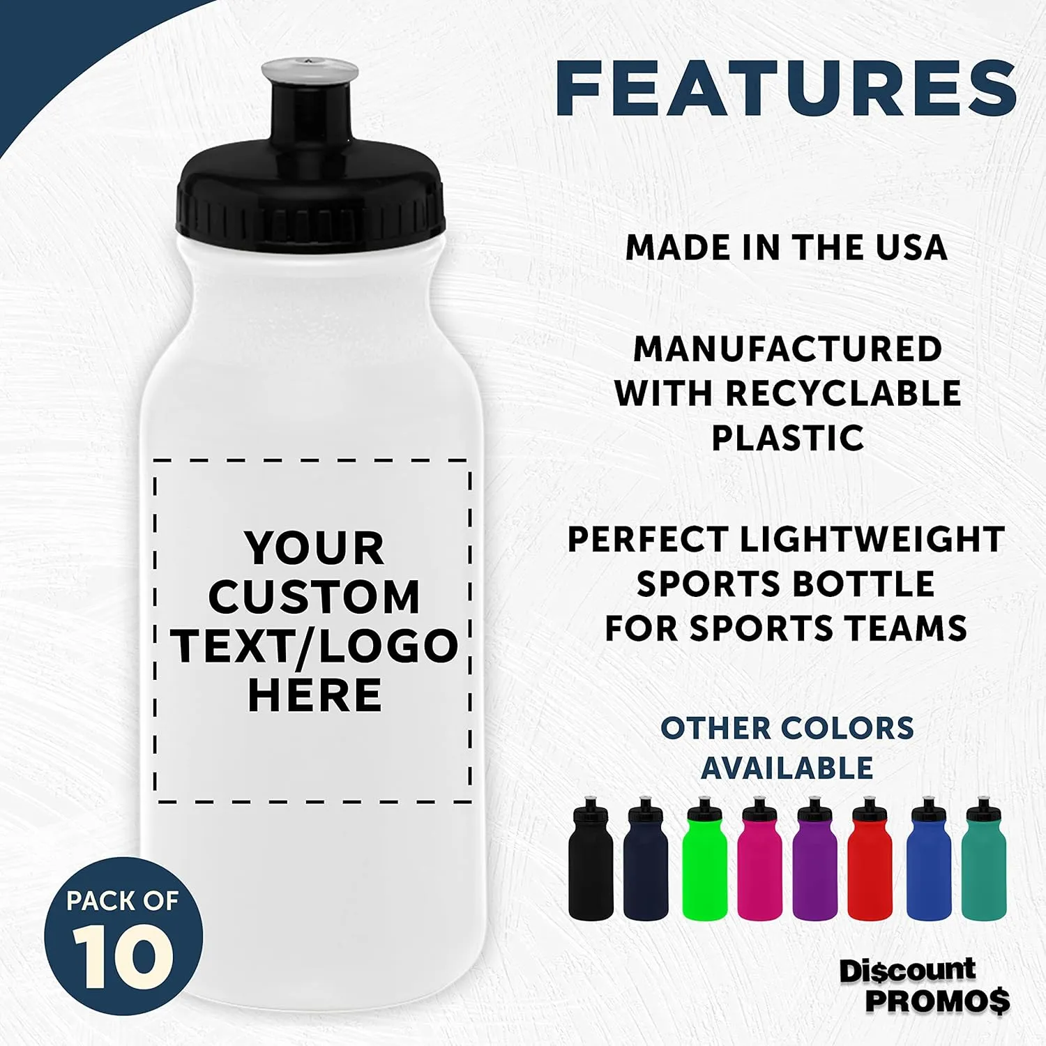 DISCOUNT PROMOS Custom 20 oz. Water Bottles with Push Cap Set of 10, Personalized Bulk Pack - Perfect for Gym, Hiking, Camping, Outdoor Sports - White