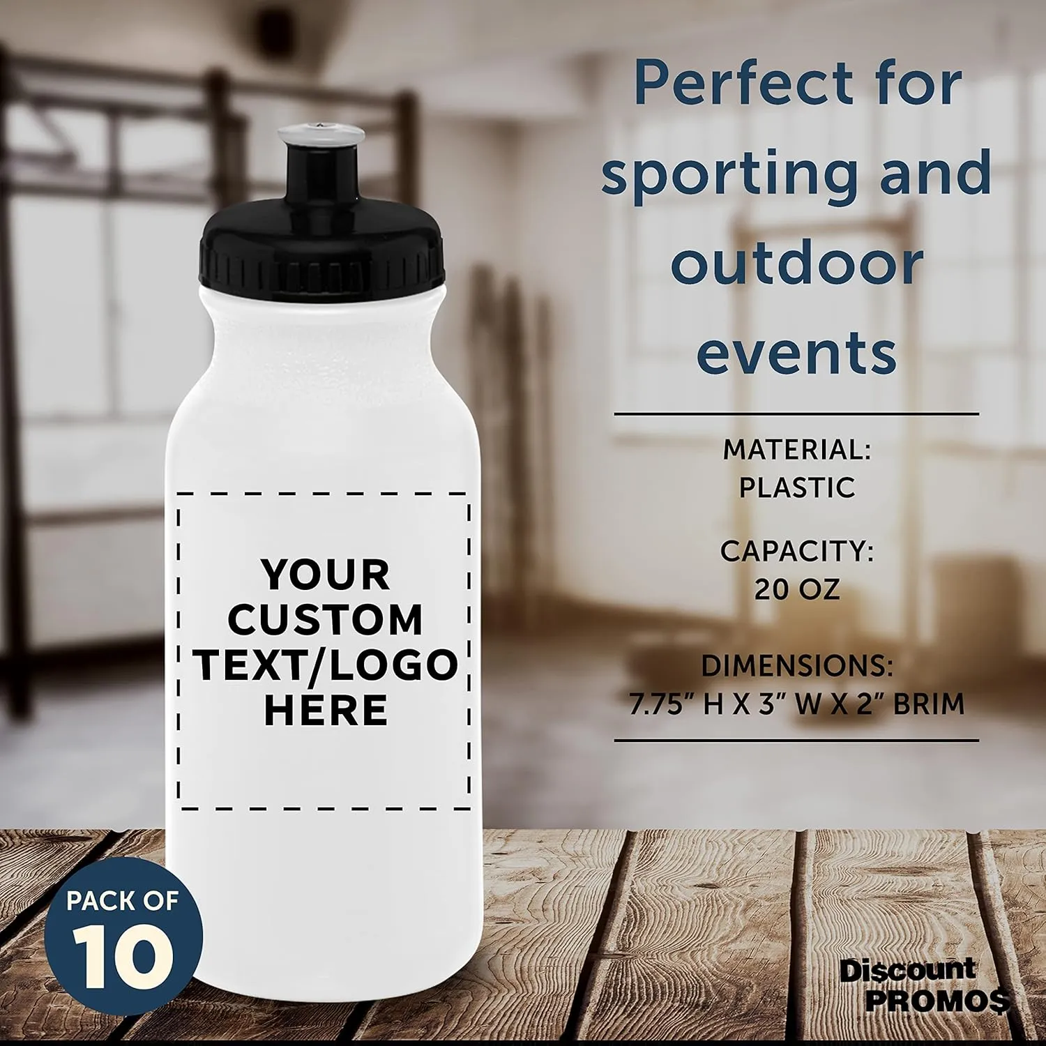 DISCOUNT PROMOS Custom 20 oz. Water Bottles with Push Cap Set of 10, Personalized Bulk Pack - Perfect for Gym, Hiking, Camping, Outdoor Sports - White