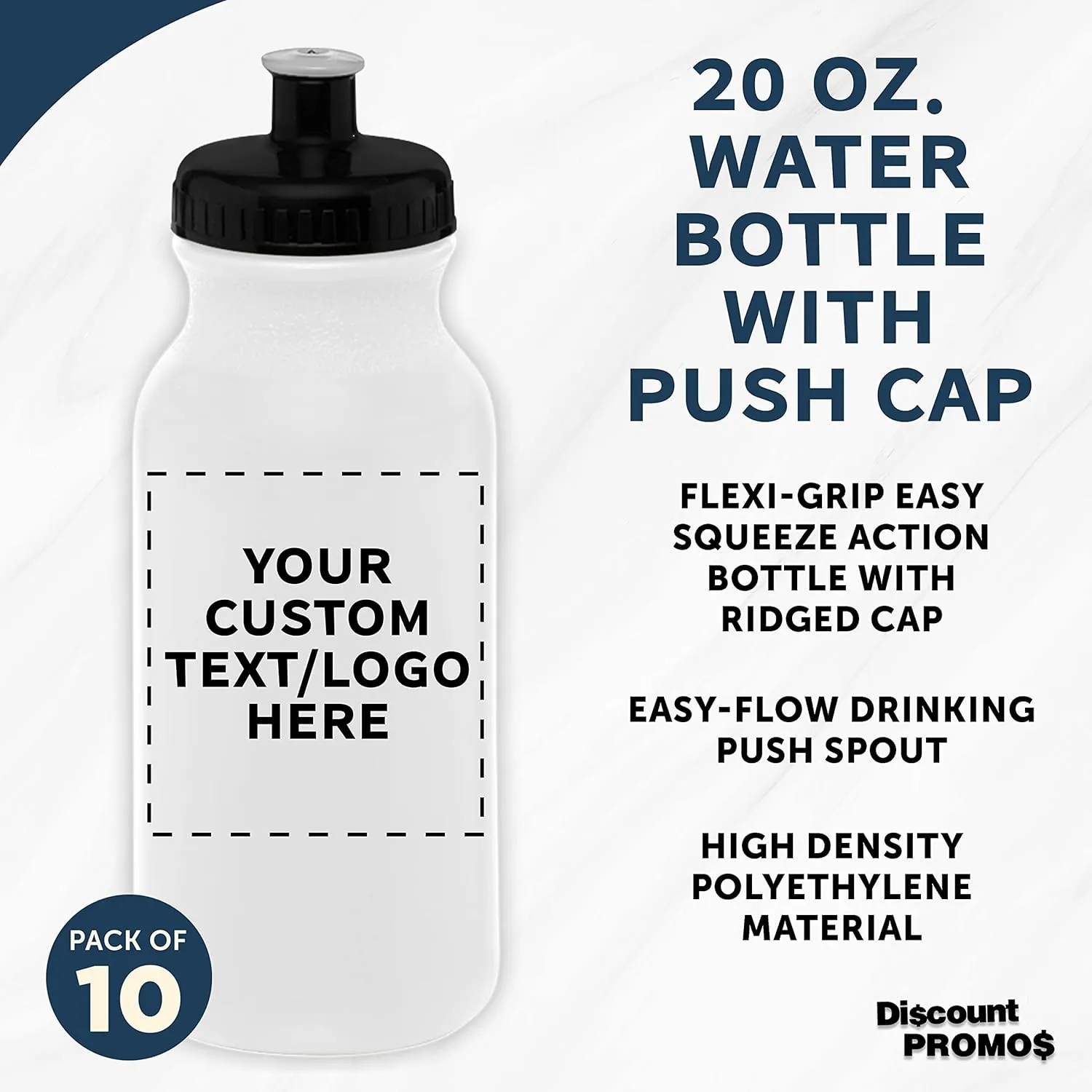 DISCOUNT PROMOS Custom 20 oz. Water Bottles with Push Cap Set of 10, Personalized Bulk Pack - Perfect for Gym, Hiking, Camping, Outdoor Sports - White