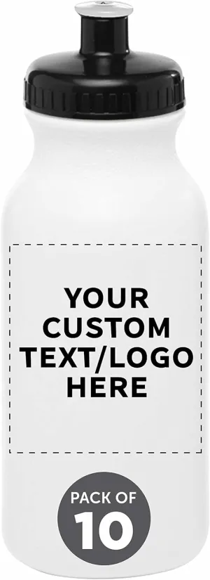 DISCOUNT PROMOS Custom 20 oz. Water Bottles with Push Cap Set of 10, Personalized Bulk Pack - Perfect for Gym, Hiking, Camping, Outdoor Sports - White