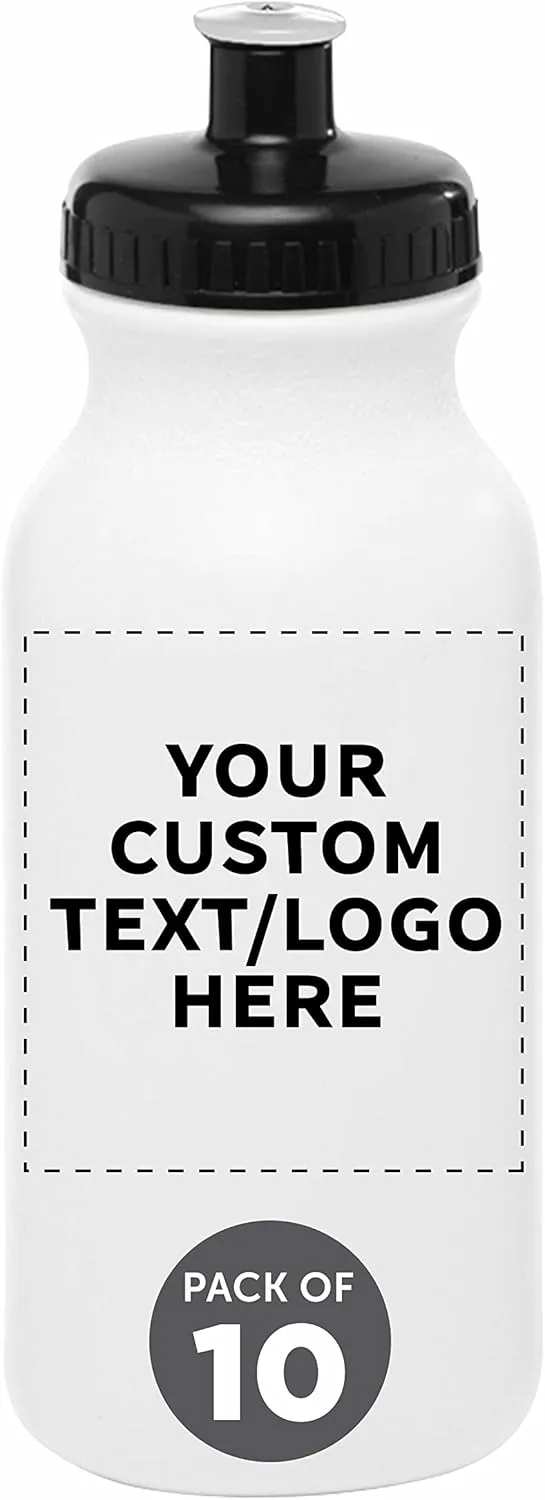 DISCOUNT PROMOS Custom 20 oz. Water Bottles with Push Cap Set of 10, Personalized Bulk Pack - Perfect for Gym, Hiking, Camping, Outdoor Sports - White