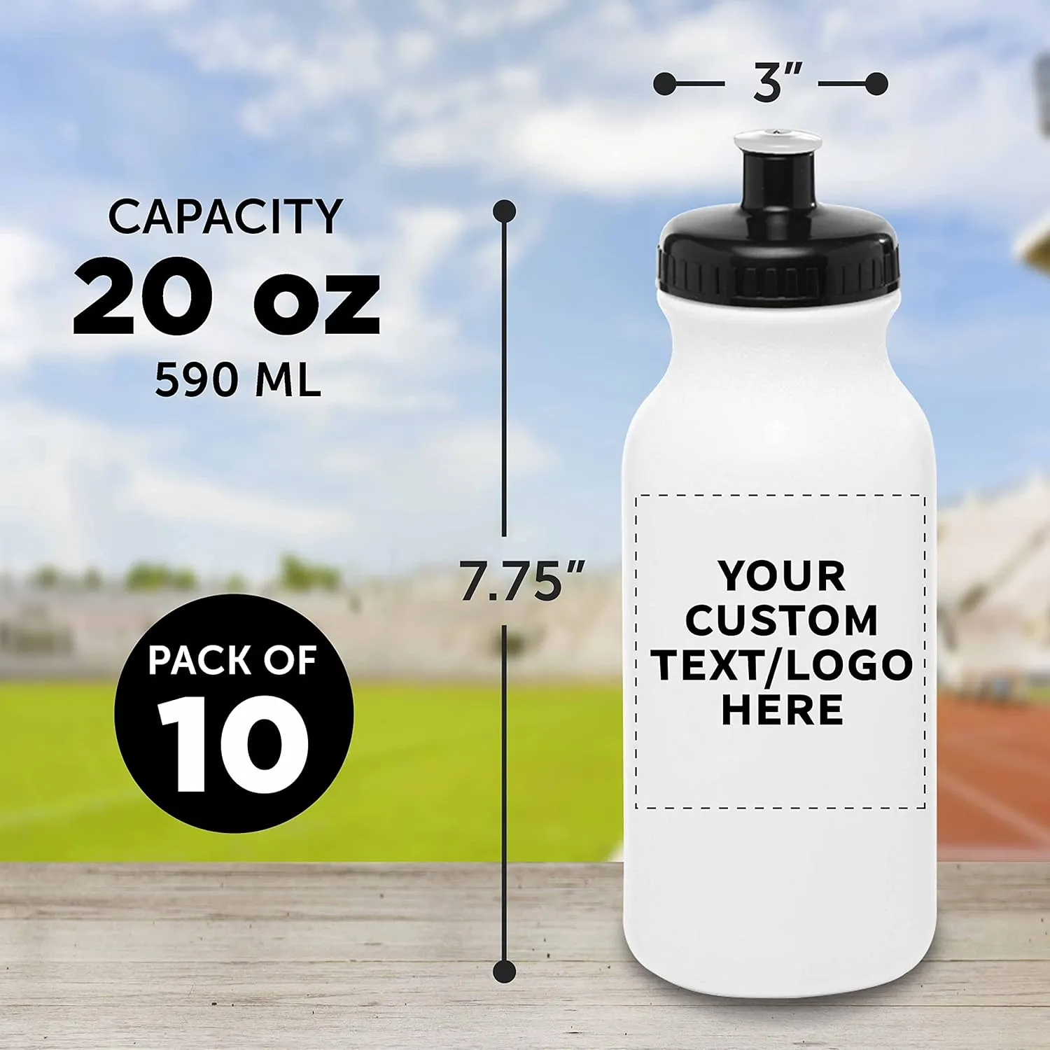 DISCOUNT PROMOS Custom 20 oz. Water Bottles with Push Cap Set of 10, Personalized Bulk Pack - Perfect for Gym, Hiking, Camping, Outdoor Sports - White
