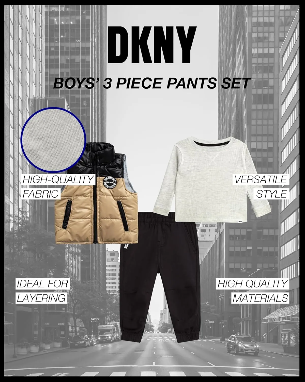DKNY Baby Boys' Pants Set - 3 Piece Insulated Puffer Vest, Long Sleeve Shirts and Pants for Boys (Infant Sizes: 12M-4T)