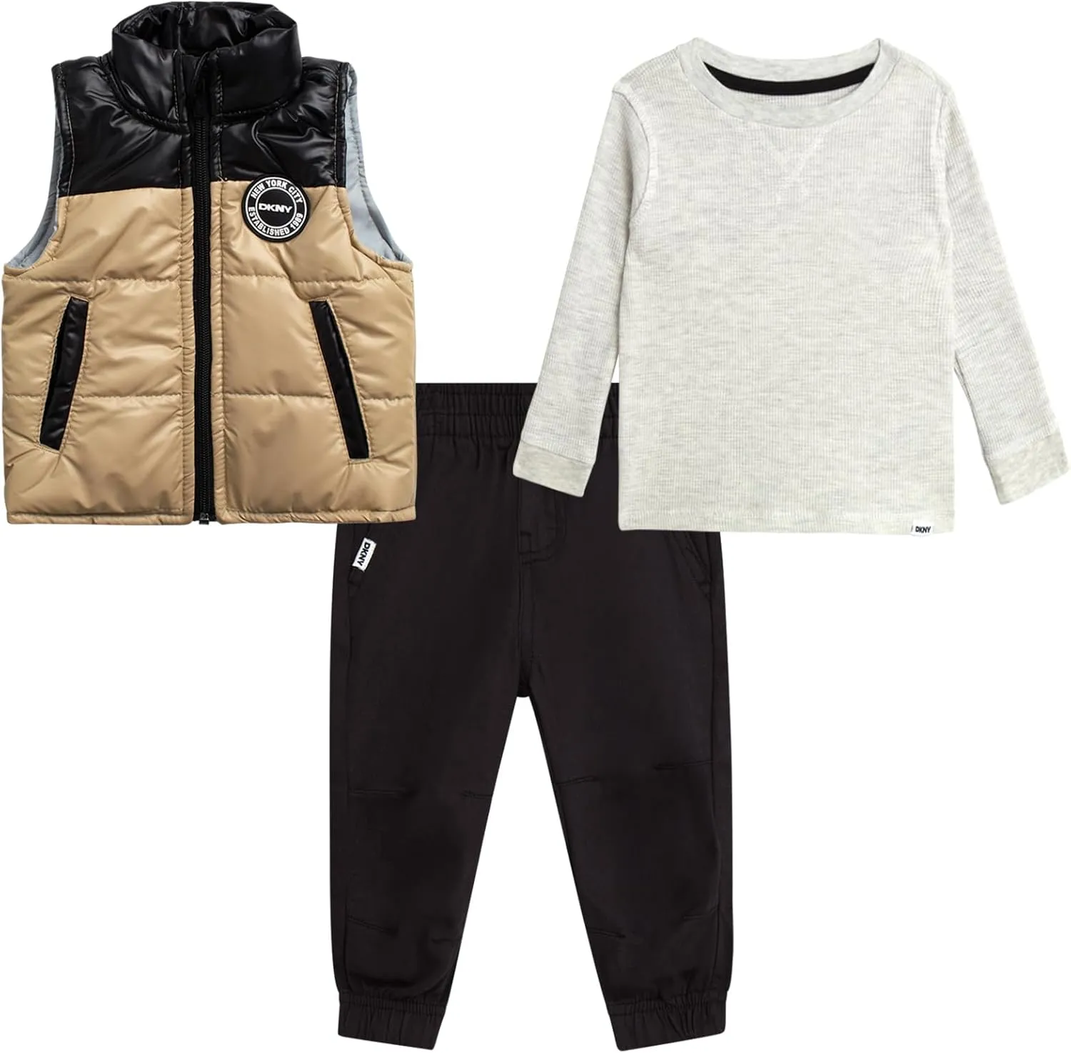 DKNY Baby Boys' Pants Set - 3 Piece Insulated Puffer Vest, Long Sleeve Shirts and Pants for Boys (Infant Sizes: 12M-4T)
