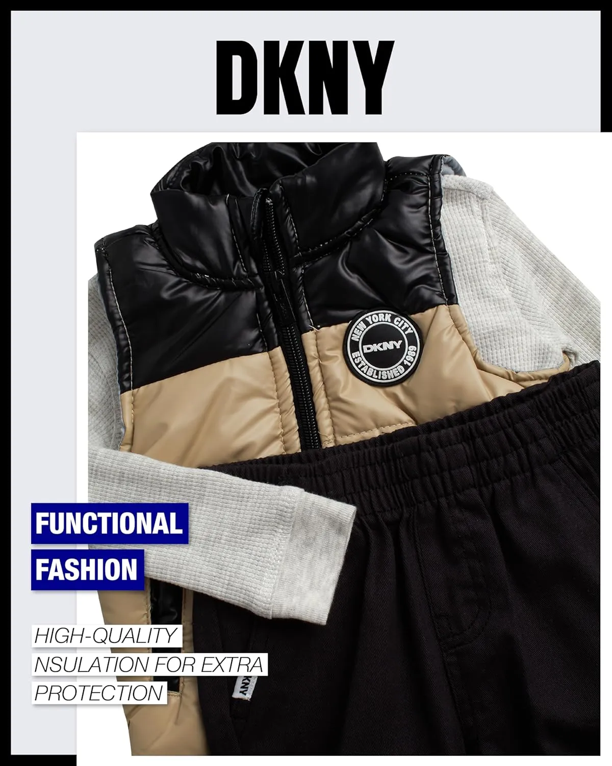 DKNY Baby Boys' Pants Set - 3 Piece Insulated Puffer Vest, Long Sleeve Shirts and Pants for Boys (Infant Sizes: 12M-4T)