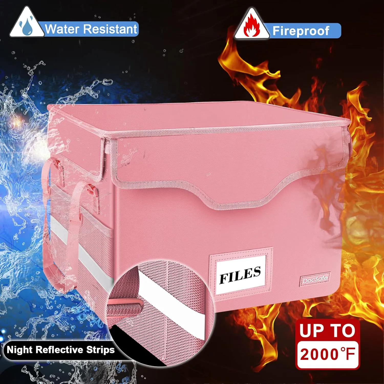 DocSafe Fireproof Document Box with Lock,File Storage Organizer with Zipper Pockets,Collapsible Portable File Box Home Office Safe Filing Cabinet with Handle for Hanging Letter/Legal Folder,Pink
