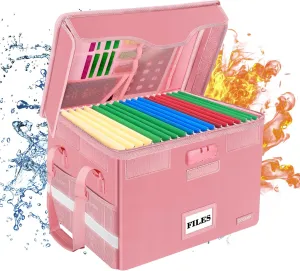 DocSafe Fireproof Document Box with Lock,File Storage Organizer with Zipper Pockets,Collapsible Portable File Box Home Office Safe Filing Cabinet with Handle for Hanging Letter/Legal Folder,Pink