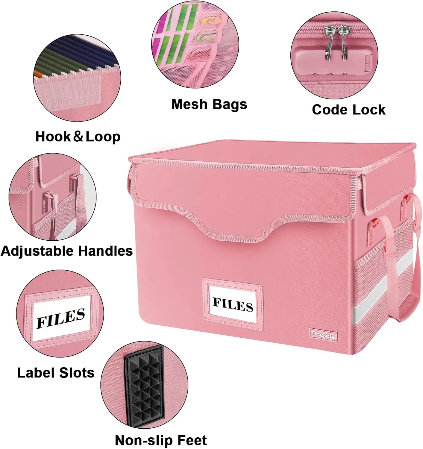 DocSafe Fireproof Document Box with Lock,File Storage Organizer with Zipper Pockets,Collapsible Portable File Box Home Office Safe Filing Cabinet with Handle for Hanging Letter/Legal Folder,Pink