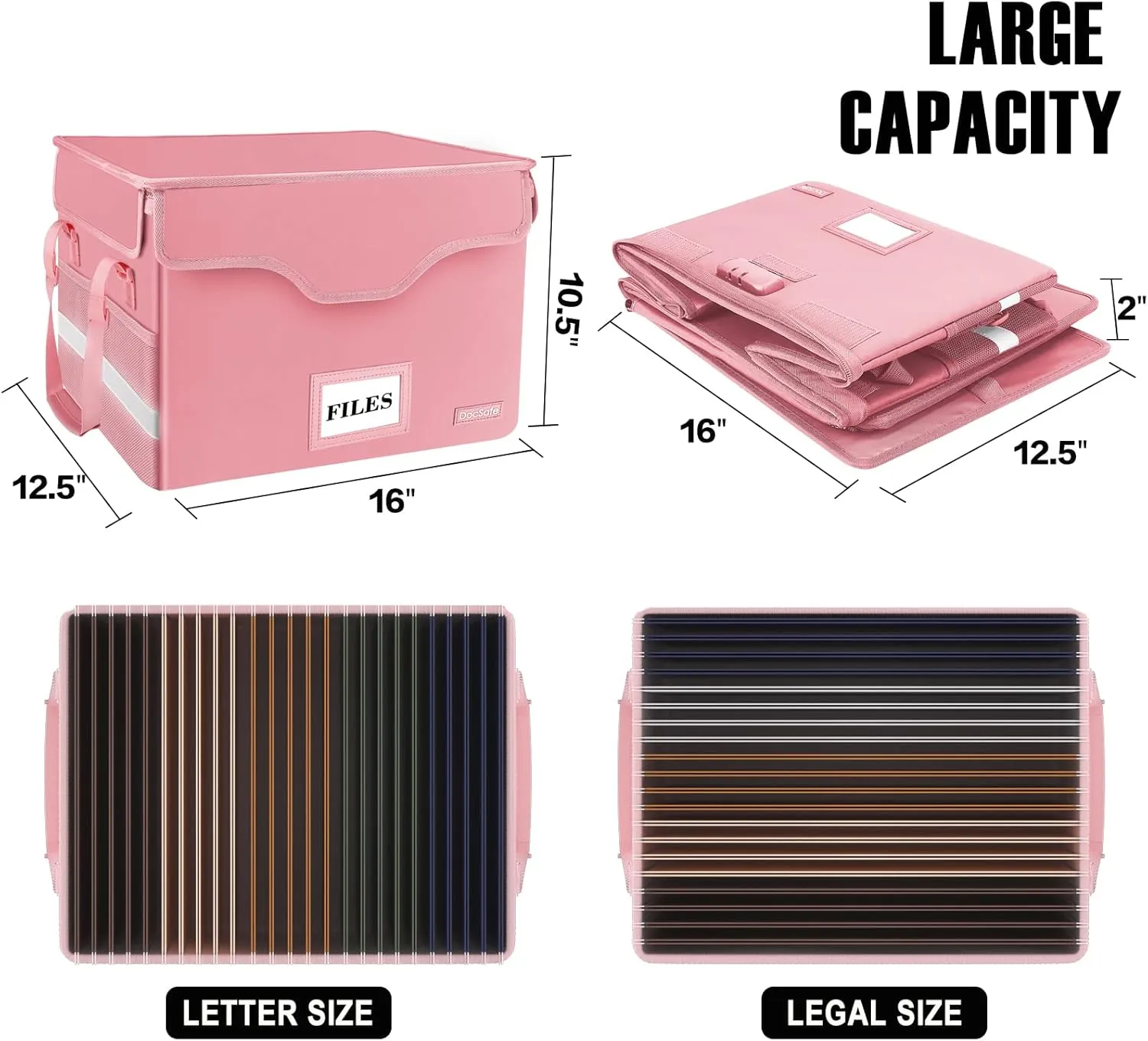 DocSafe Fireproof Document Box with Lock,File Storage Organizer with Zipper Pockets,Collapsible Portable File Box Home Office Safe Filing Cabinet with Handle for Hanging Letter/Legal Folder,Pink