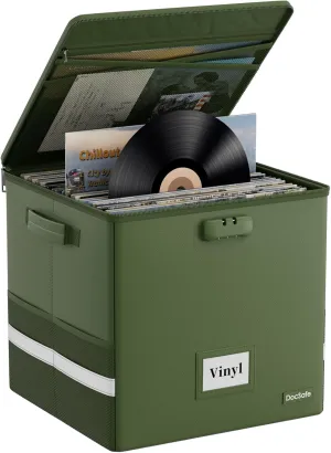 DocSafe Vinyl Record Storage Box with Lock, Fireproof＆Water Resistant Record Organizer for 100  Single Records(12-inch), Collapsible Storage Crate with Lid&Handles for Valuable Album Collection,Green