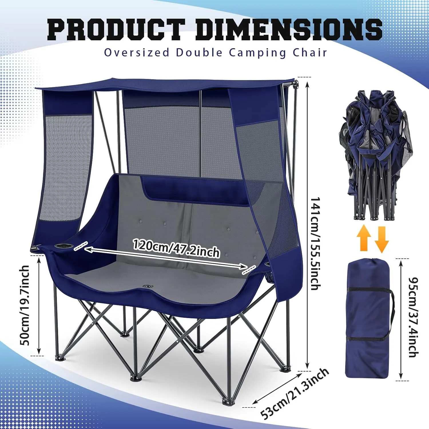 Double Beach Camping Chair with Canopy Shade 2 Person Camping Sofa, Fully Padded Folding Loveseat Chair with Cup Hold and Storage Bag Sturdy Oversized Couch for Lawn Sports Concerts Picnic(Blue)