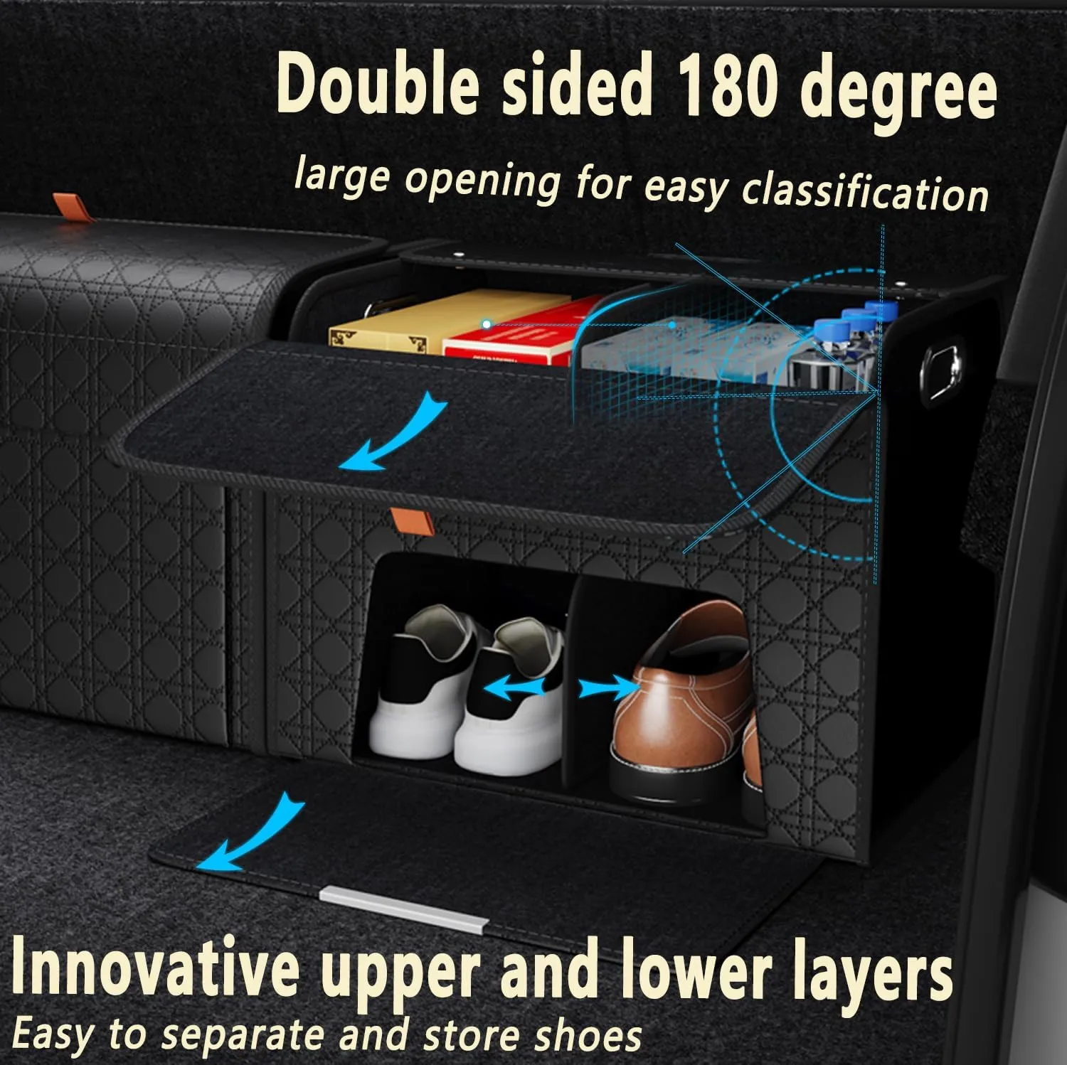 Double-layer Trunk Organizers, Double door Car Organizers Storage and Car high heels shoes Storage for SUVs, Sedans, Back Seats, and Luxury Vehicles with Lid, Leather, Small, Large (Black, M)