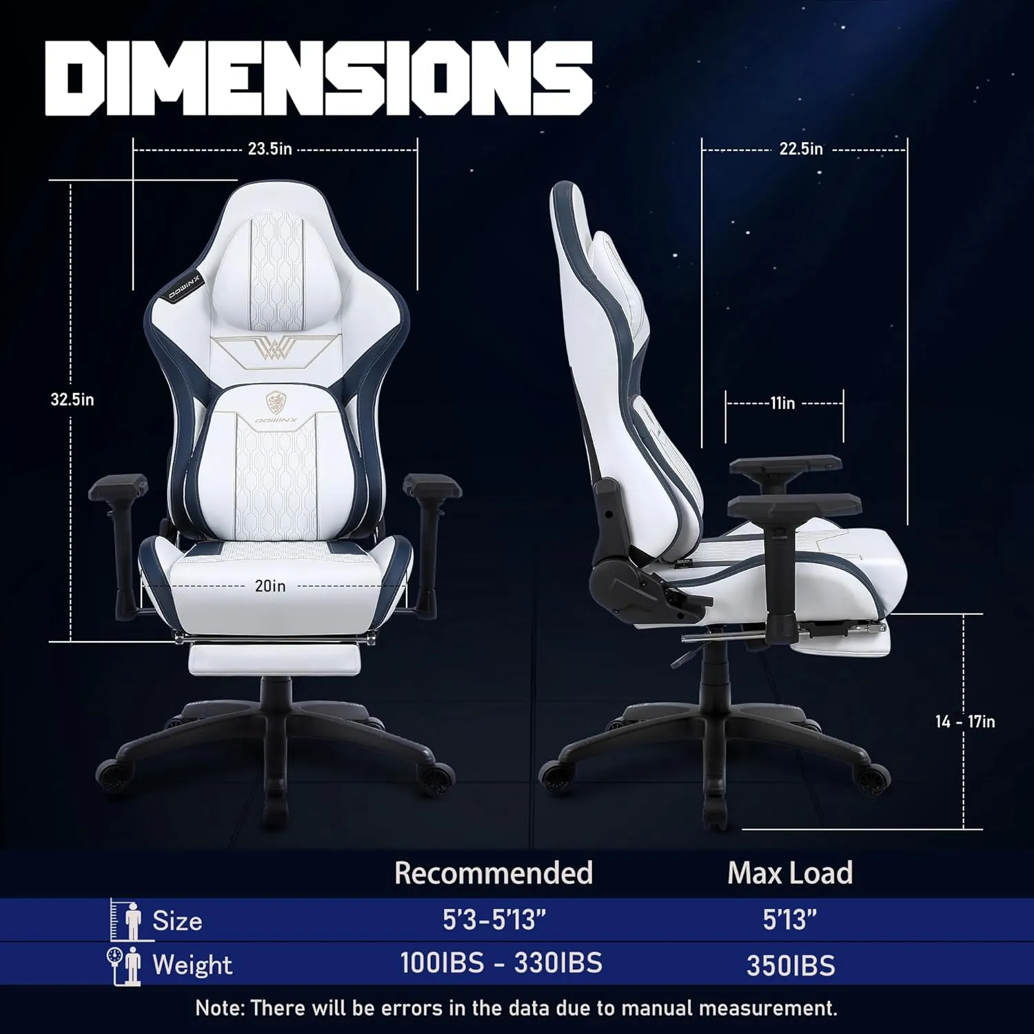 Dowinx PU Big and Tall Gaming Chair with Footrest, High Back Ergonomic Office Chair with Comfortable Headrest and Lumbar Support, 4D Armrests Computer Chair for Adults, White Blue