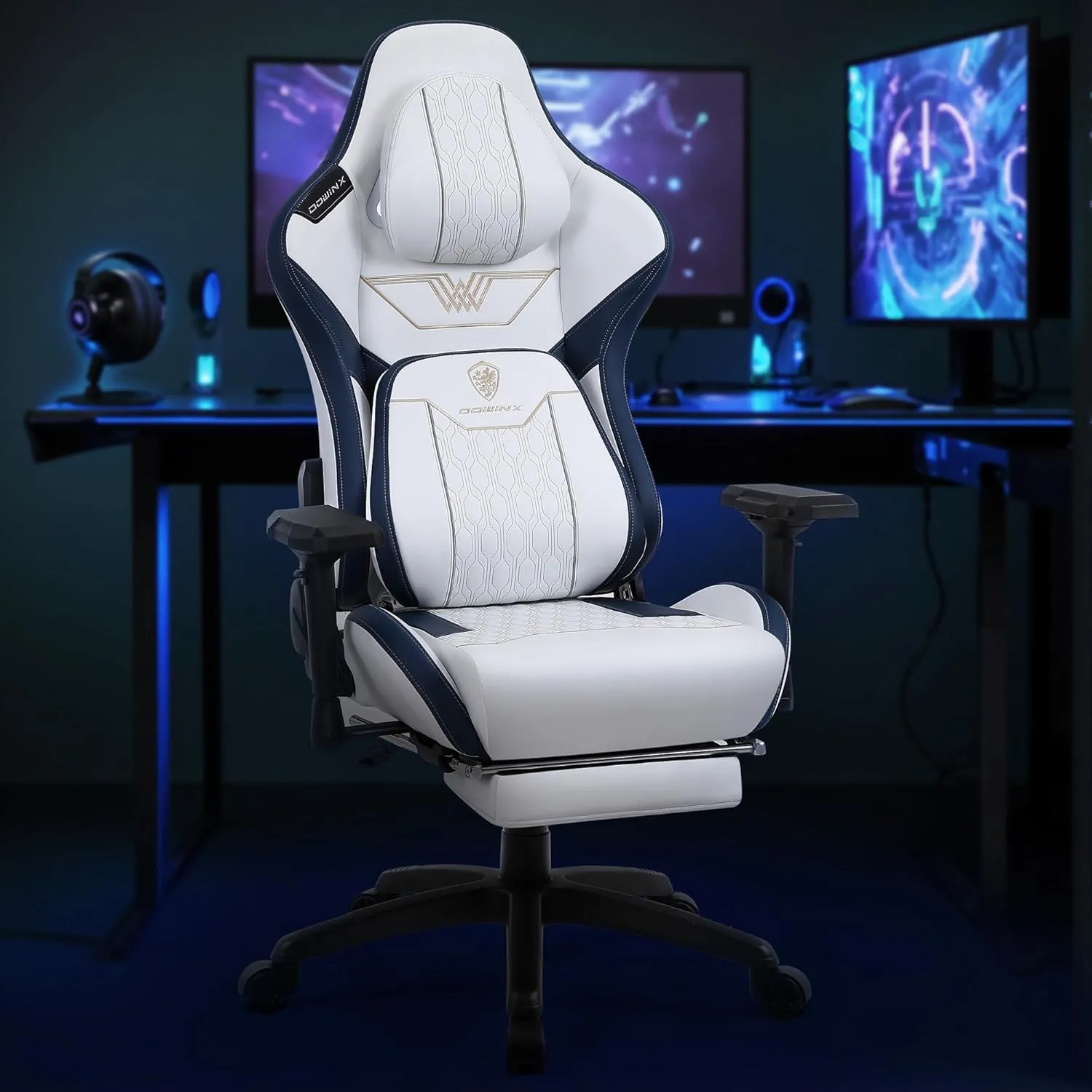 Dowinx PU Big and Tall Gaming Chair with Footrest, High Back Ergonomic Office Chair with Comfortable Headrest and Lumbar Support, 4D Armrests Computer Chair for Adults, White Blue