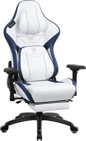 Dowinx PU Big and Tall Gaming Chair with Footrest, High Back Ergonomic Office Chair with Comfortable Headrest and Lumbar Support, 4D Armrests Computer Chair for Adults, White Blue