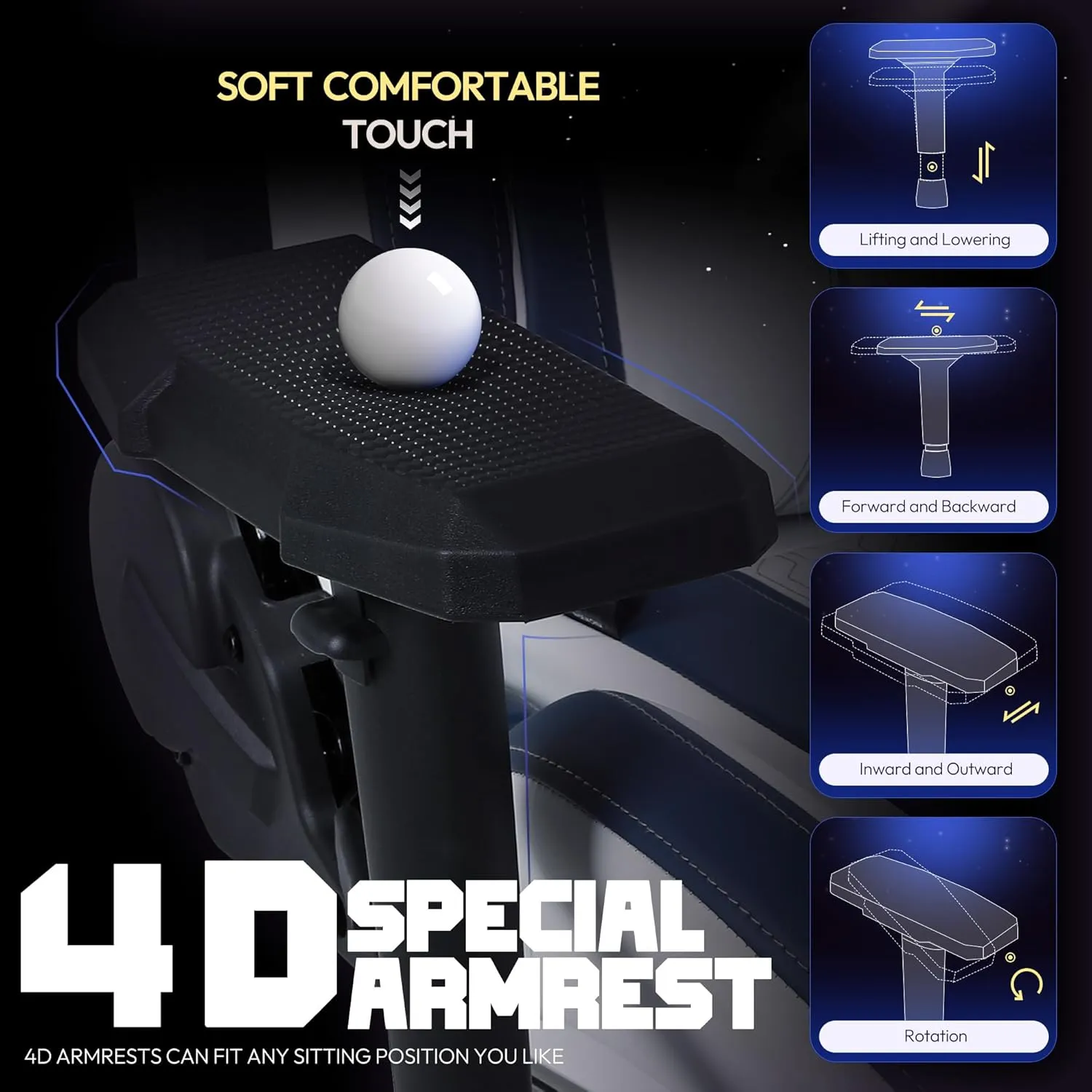 Dowinx PU Big and Tall Gaming Chair with Footrest, High Back Ergonomic Office Chair with Comfortable Headrest and Lumbar Support, 4D Armrests Computer Chair for Adults, White Blue