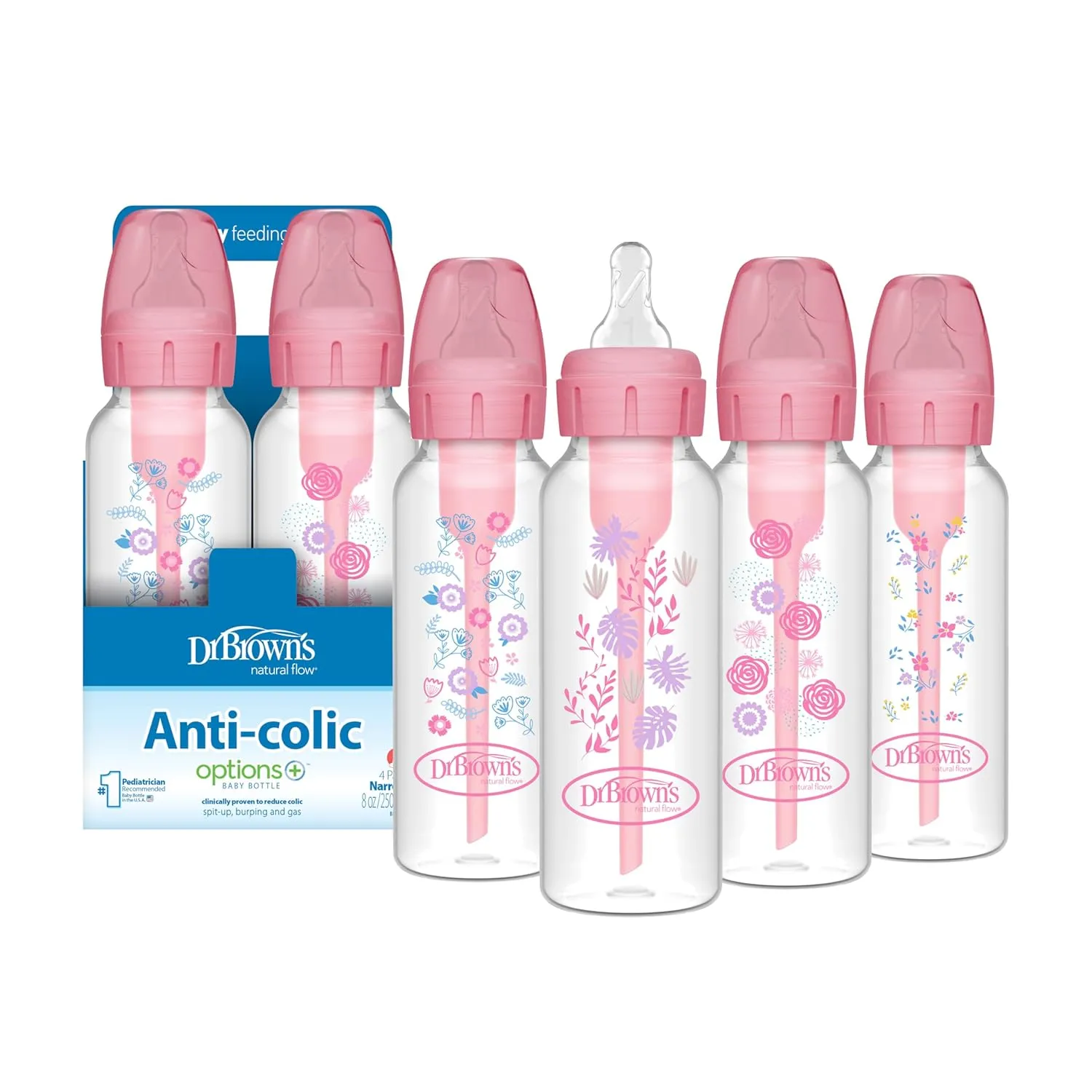 Dr. Brown's Natural Flow Anti-Colic Options  Narrow Baby Bottle, Pink Floral, 8 oz/250 mL, with Level 1 Slow Flow Nipples, 0m , 4 Pack