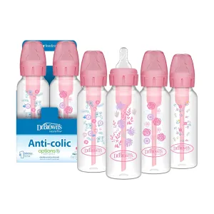 Dr. Brown's Natural Flow Anti-Colic Options  Narrow Baby Bottle, Pink Floral, 8 oz/250 mL, with Level 1 Slow Flow Nipples, 0m , 4 Pack