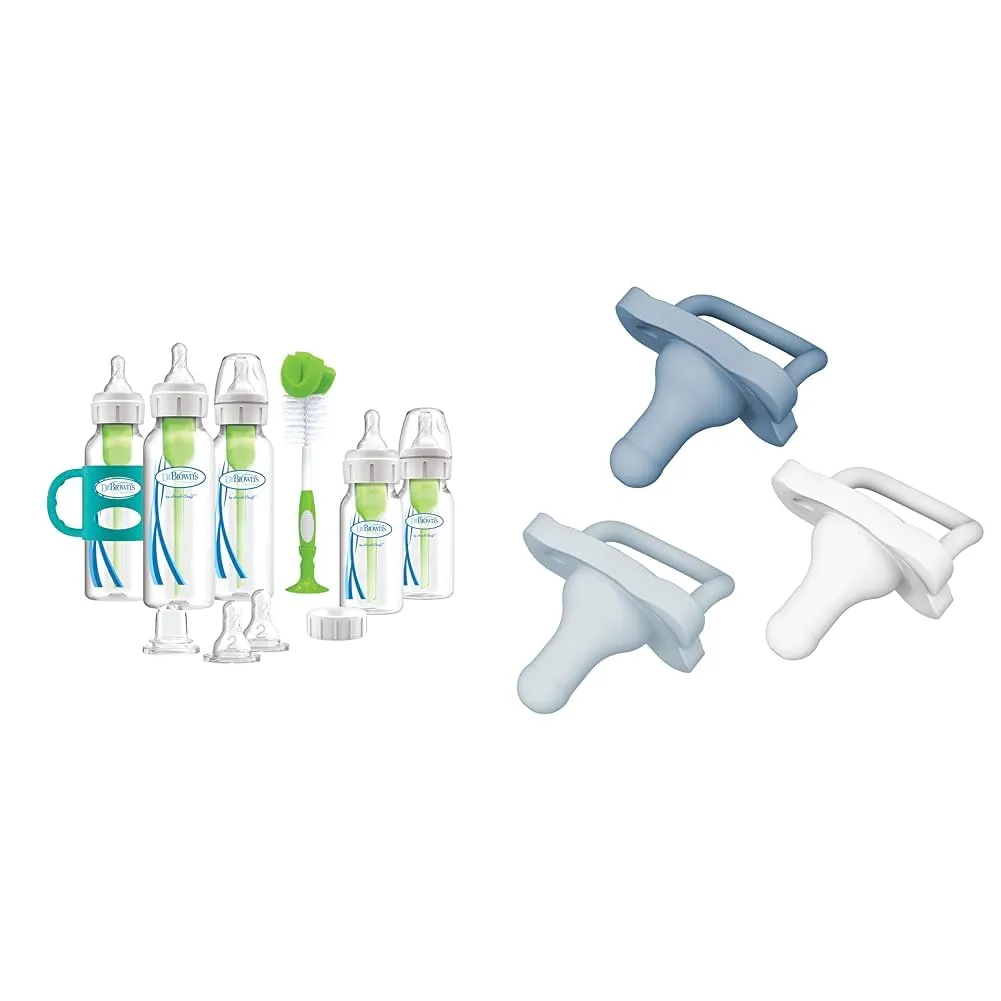 Dr. Brown's Natural Flow® Anti-Colic Options ™ Narrow Bottle to Sippy Gift Set & HappyPaci 100% Silicone Pacifier 0-6m, BPA Free, White, Blue, Light Blue, 3 Pack