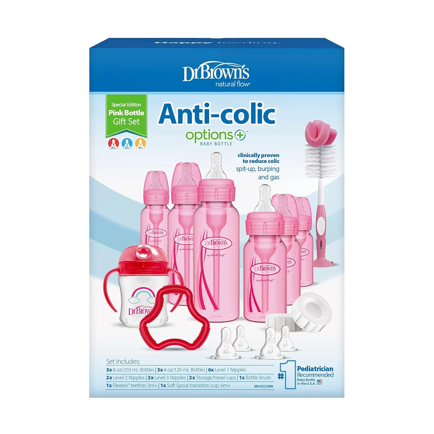 Dr. Brown's Natural Flow Anti-Colic Options  Special Edition Pink Baby Bottle Gift Set with Soft Sippy Spout Transition Cup, Flexees Teether, Bottle Cleaning Brush and Travel Caps