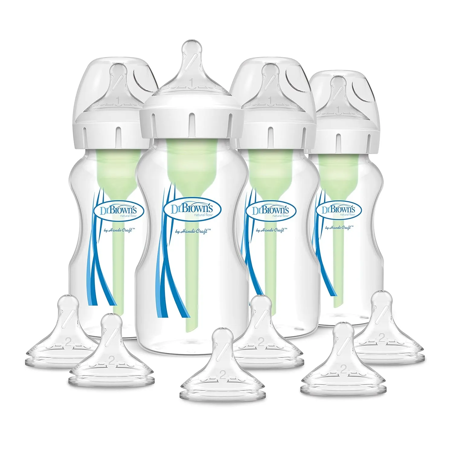 Dr. Brown's Options  Wide-Neck Anti-Colic Baby Bottle - 9oz - 4pk and Options  Wide-Neck Baby Bottle Nipple, Level 2 (3 Months ), 6 Count