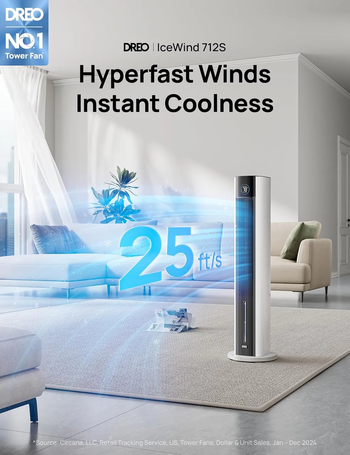 Dreo Evaporative Air Swamp Cooler, 43" Cooling Fans that Blow Cold Air 2025 Upgraded, 85° Oscillating Floor Fan for Bedroom, Easy Cleaning, APP Control, Ice Packs, 4 Speeds & 4 Modes, 12H Timer, White