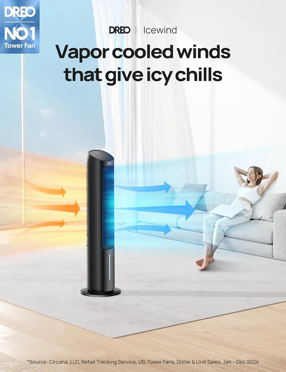 Dreo Tower Fan for Bedroom, 40" Evaporative Air Cooler, Cooling Fans That Blow Cold Air with 80° Oscillating, Removable Water Tank, 3 Modes 4-Speed, Remote Control, Quiet Floor Fan, 7H Timer，Black