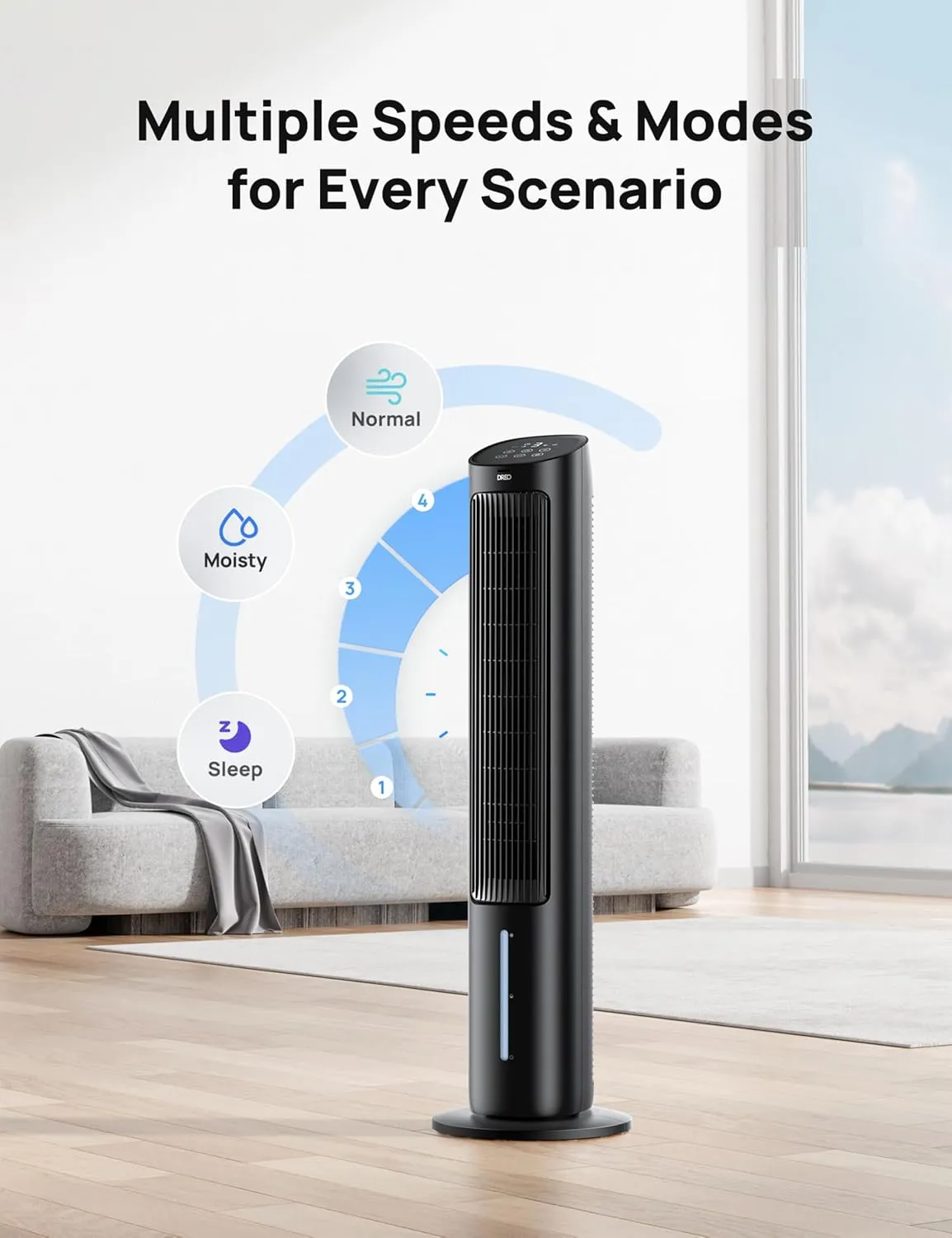 Dreo Tower Fan for Bedroom, 40" Evaporative Air Cooler, Cooling Fans That Blow Cold Air with 80° Oscillating, Removable Water Tank, 3 Modes 4-Speed, Remote Control, Quiet Floor Fan, 7H Timer，Black