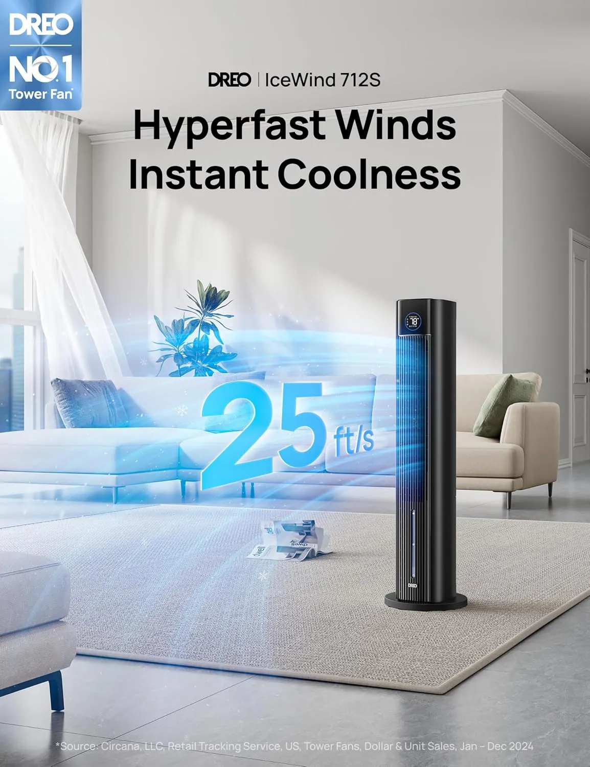 Dreo Tower Fan for Bedroom, 43" Cooling Fans That Blow Cold Air 2025 Upgraded, Evaporative Air Cooler, Quiet 85° Oscillating Floor Fan, Easy Cleaning, APP Control, 4 Modes & 4 Speeds, 12H Timer, Black