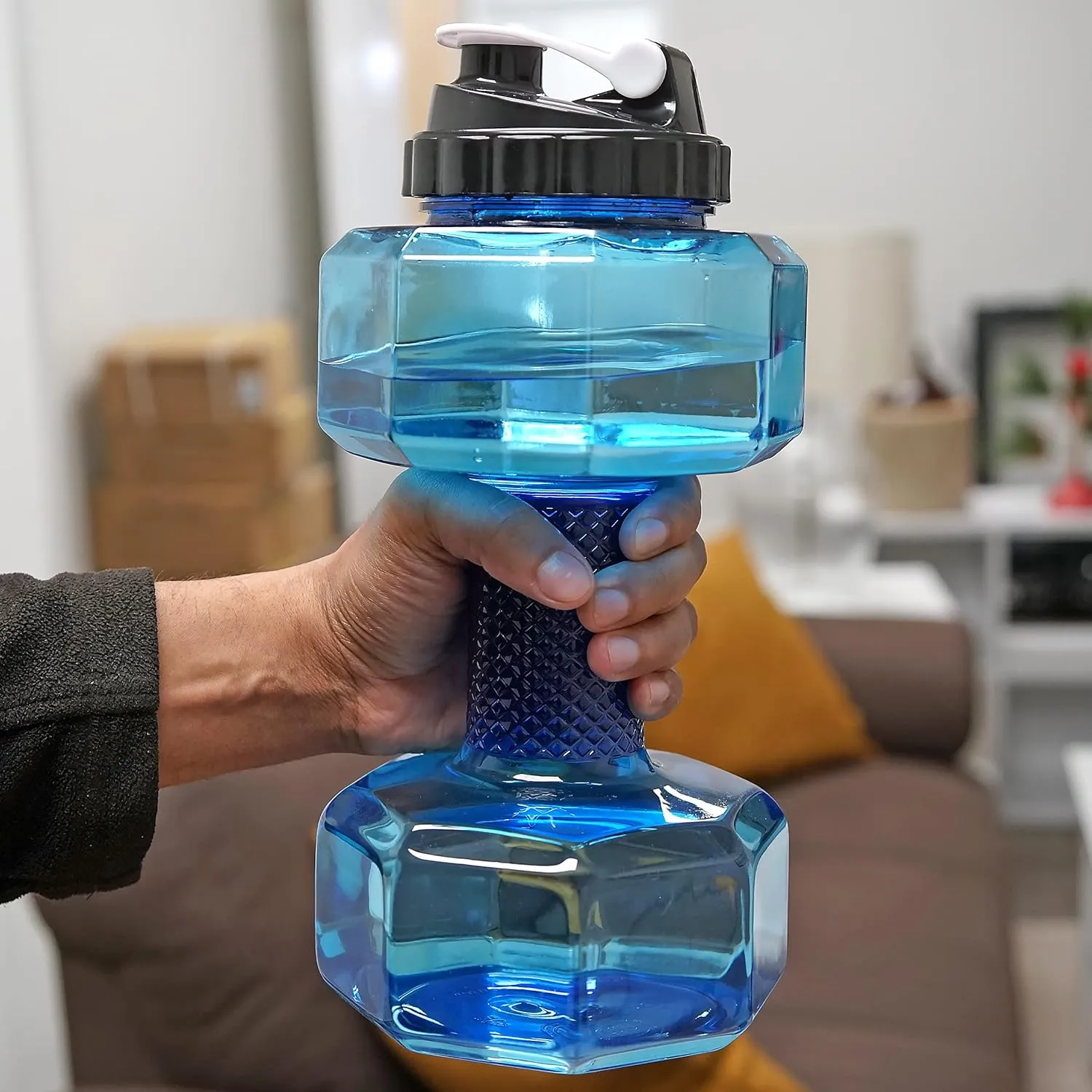 Dumbbell Water Bottle 2.2L – Portable Gym & Fitness Sports Bottle for Workout Hydration, See-Through Blue Design