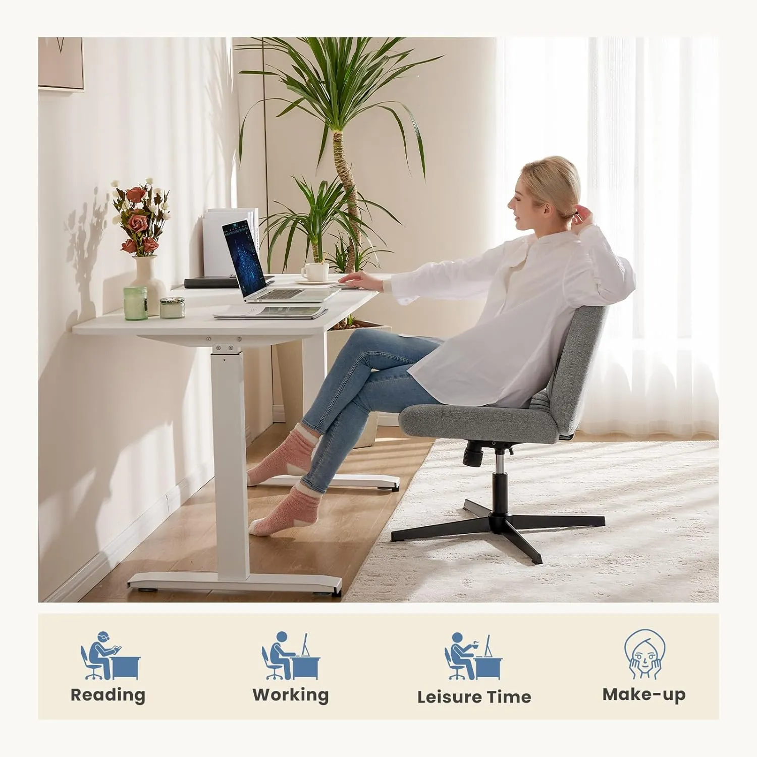 DUMOS Criss Cross Legged Office Chair, Armless Wide Seat No Wheels, Modern Home Desk Seating Swivel Height Adjustable Fabric Vanity for Bedroom
