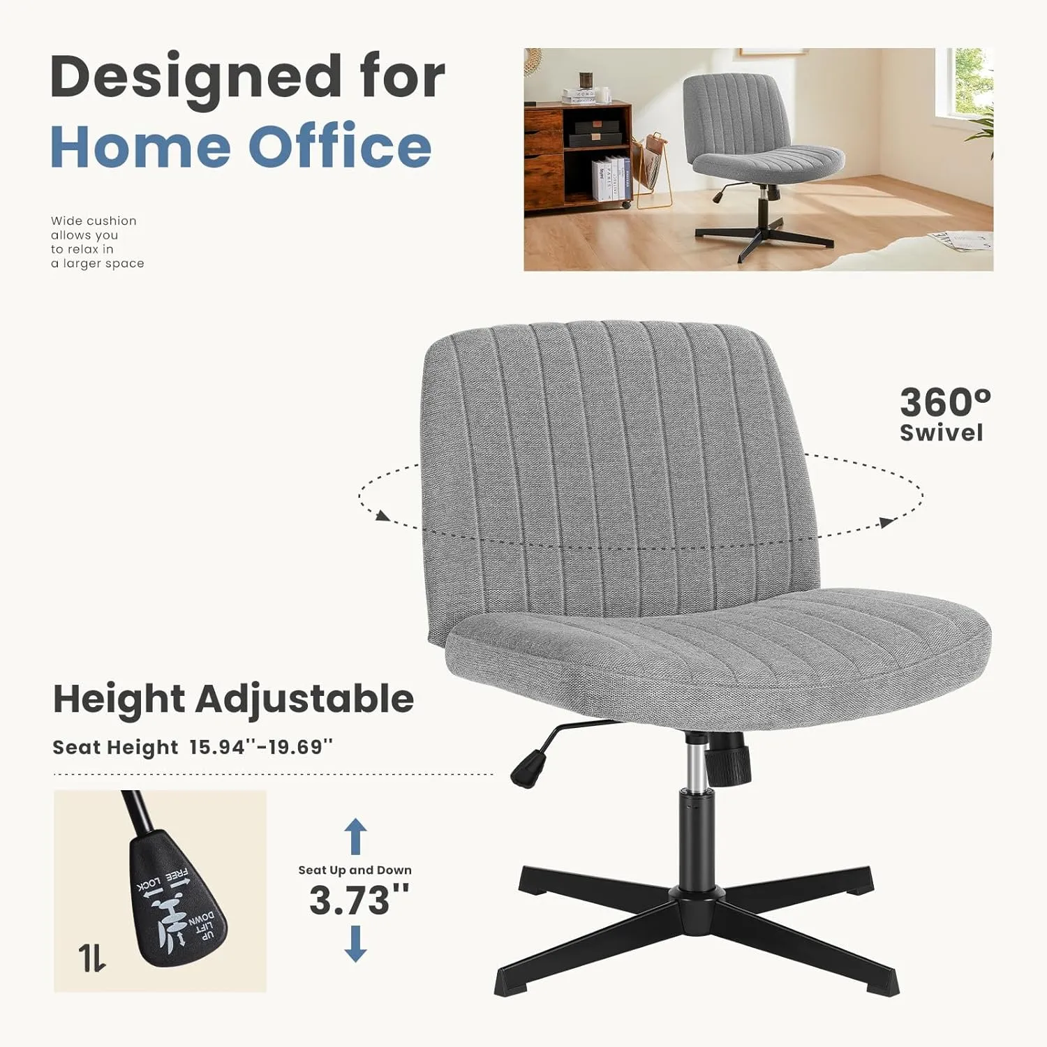 DUMOS Criss Cross Legged Office Chair, Armless Wide Seat No Wheels, Modern Home Desk Seating Swivel Height Adjustable Fabric Vanity for Bedroom