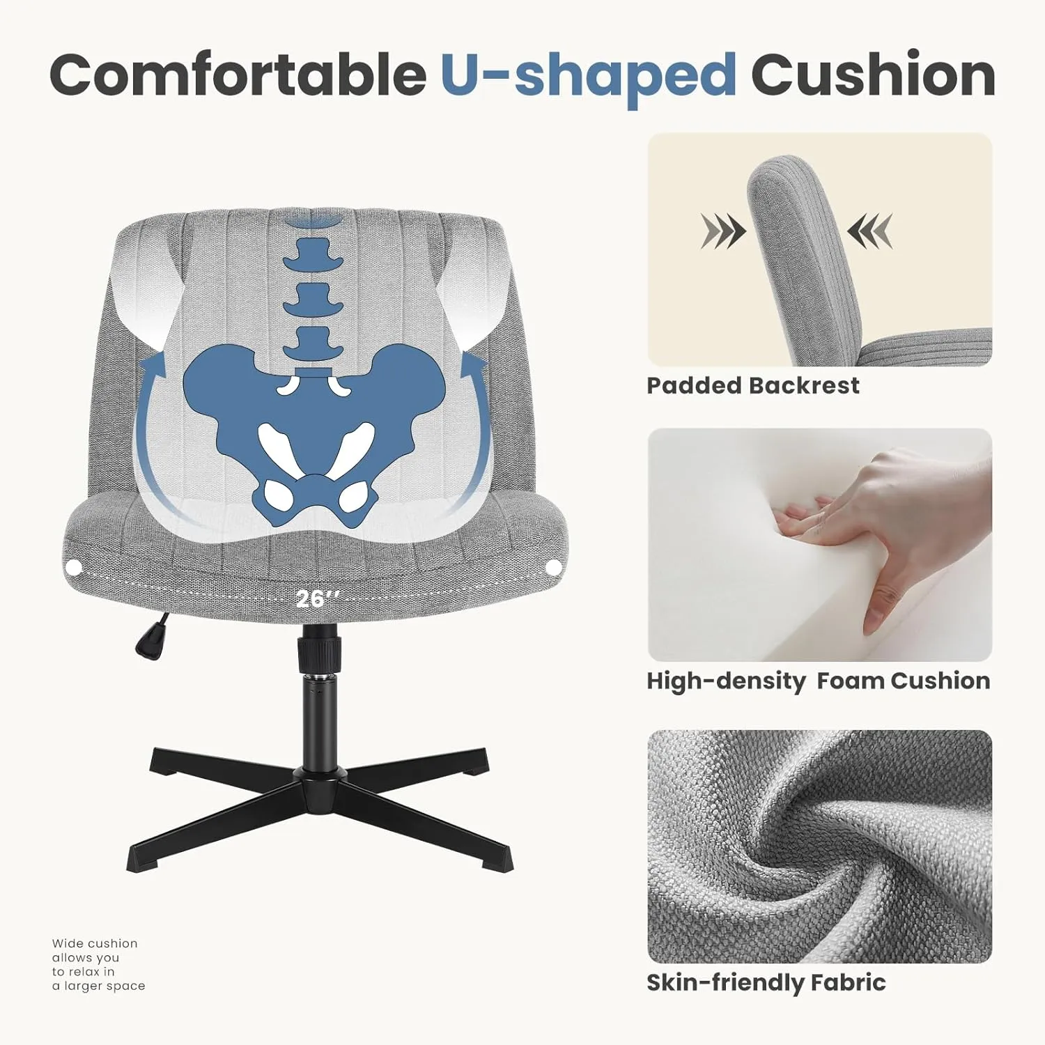 DUMOS Criss Cross Legged Office Chair, Armless Wide Seat No Wheels, Modern Home Desk Seating Swivel Height Adjustable Fabric Vanity for Bedroom