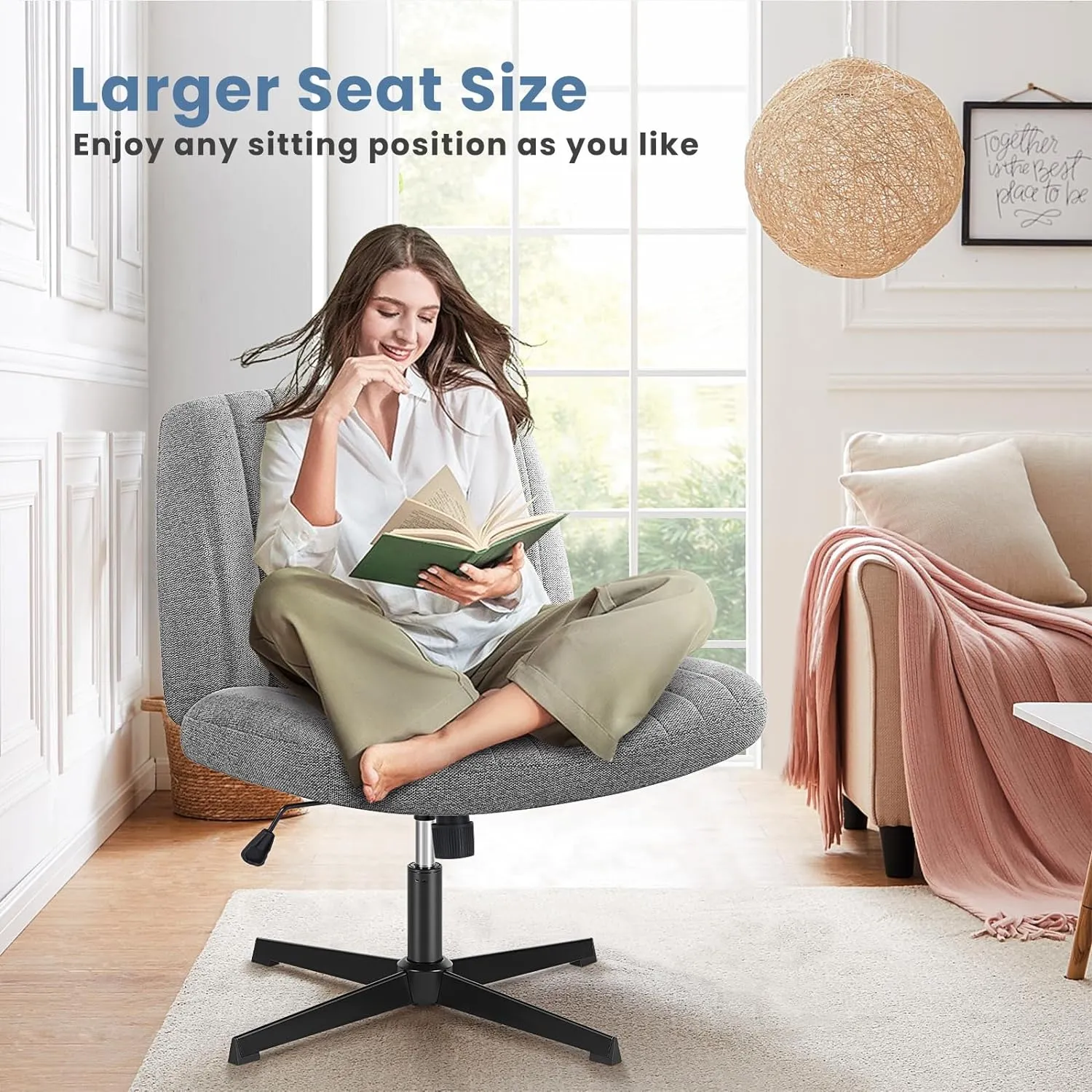 DUMOS Criss Cross Legged Office Chair, Armless Wide Seat No Wheels, Modern Home Desk Seating Swivel Height Adjustable Fabric Vanity for Bedroom