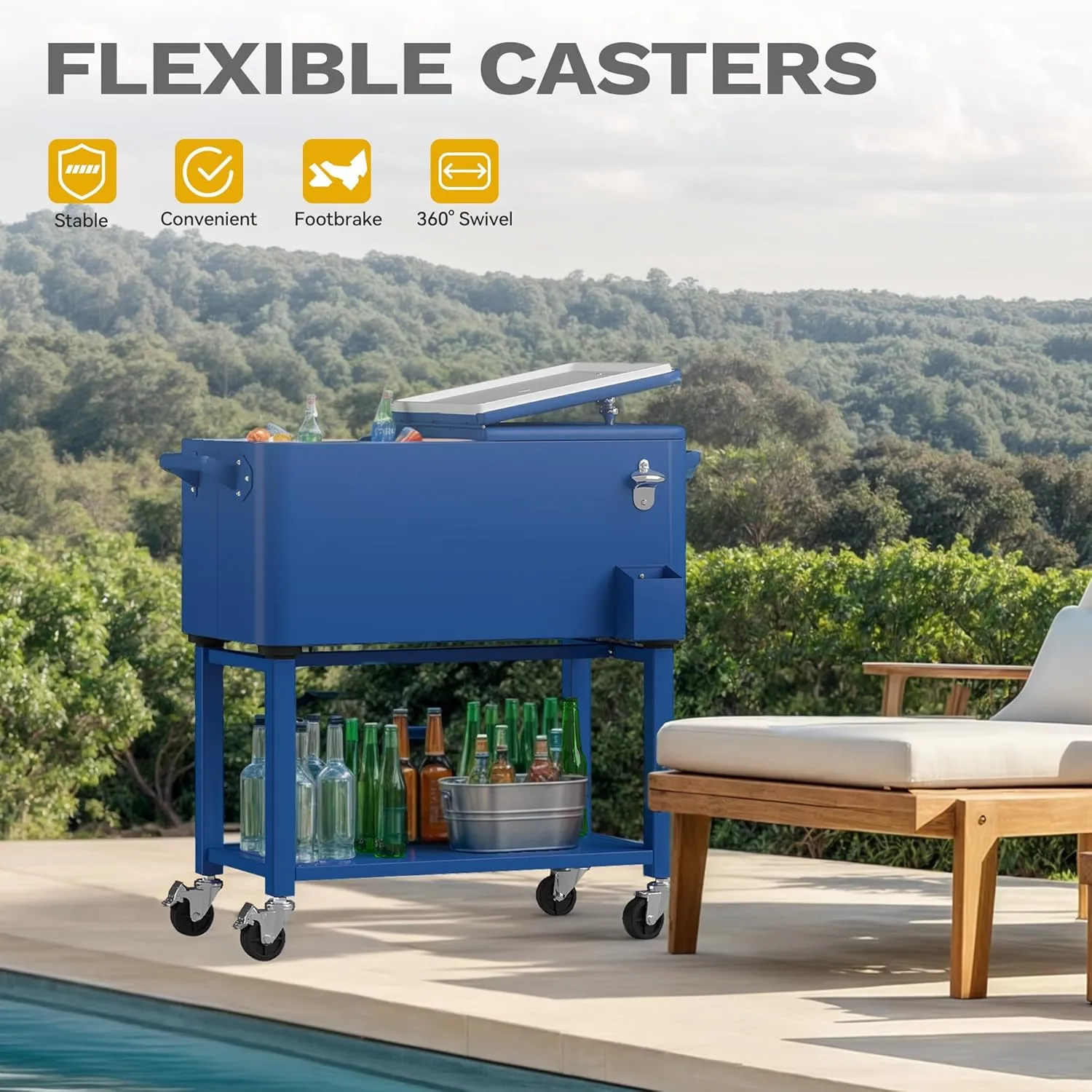 DWVO Ice Chest with Wheels,80 Quart Rolling Cooler with Bottle Opener Drainage, Patio Cooler Cart, Rolling Ice Chest with Handle for Patio Pool Deck Party BBQ Cookouts