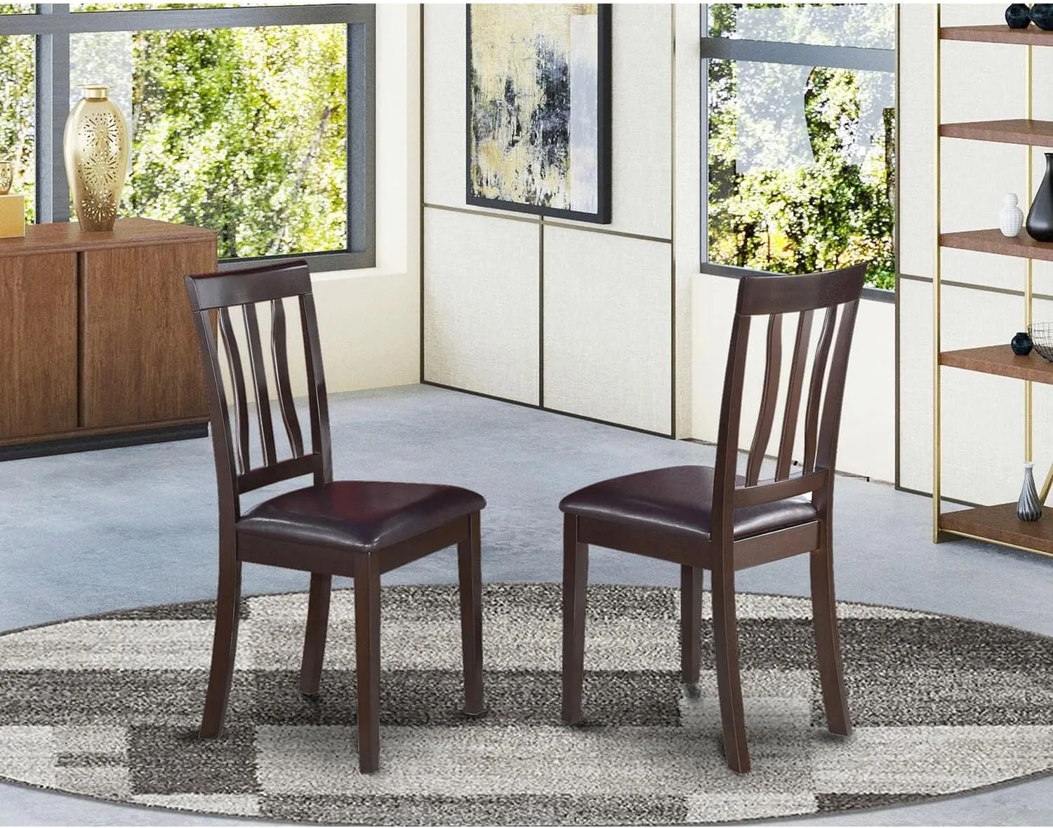 East West Furniture ANC-CAP-LC Antique Dining Chairs - Faux Leather Upholstered Wooden Chairs, Set of 2, Cappuccino