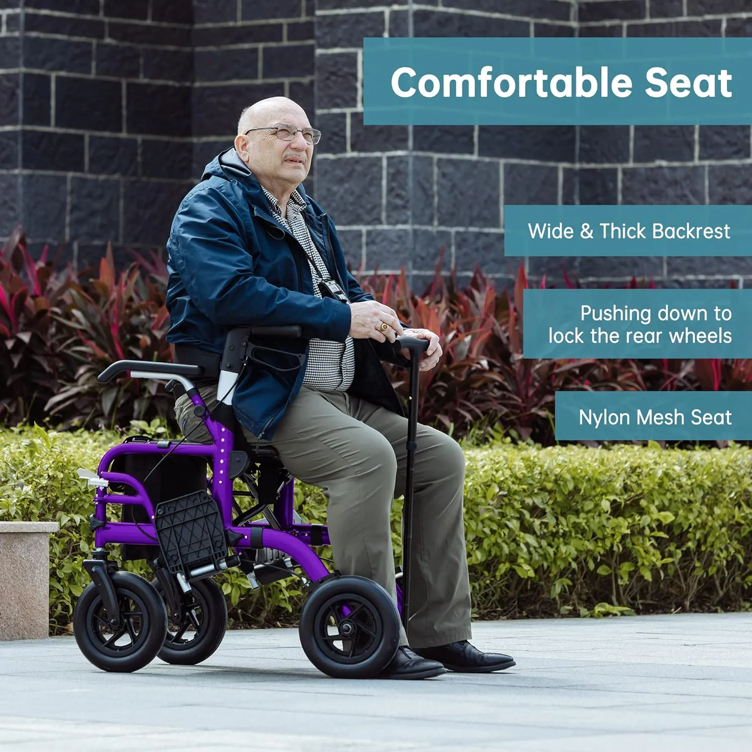 ELENKER All-Terrain 2 in 1 Rollator Walker & Transport Chair, Folding Wheelchair with All 10” Wheels for Seniors, Reversible Backrest & Detachable Footrests, Purple