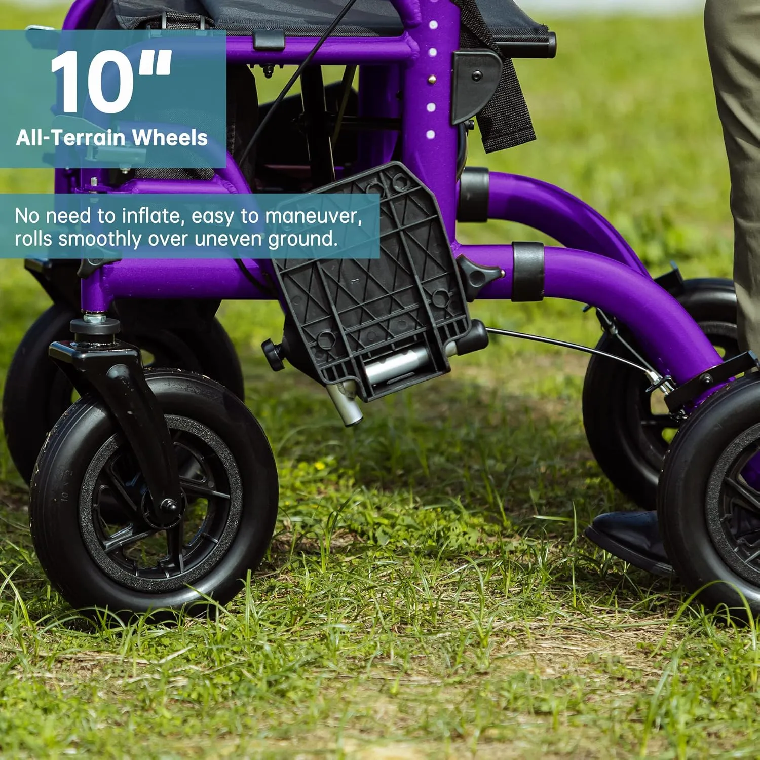 ELENKER All-Terrain 2 in 1 Rollator Walker & Transport Chair, Folding Wheelchair with All 10” Wheels for Seniors, Reversible Backrest & Detachable Footrests, Purple