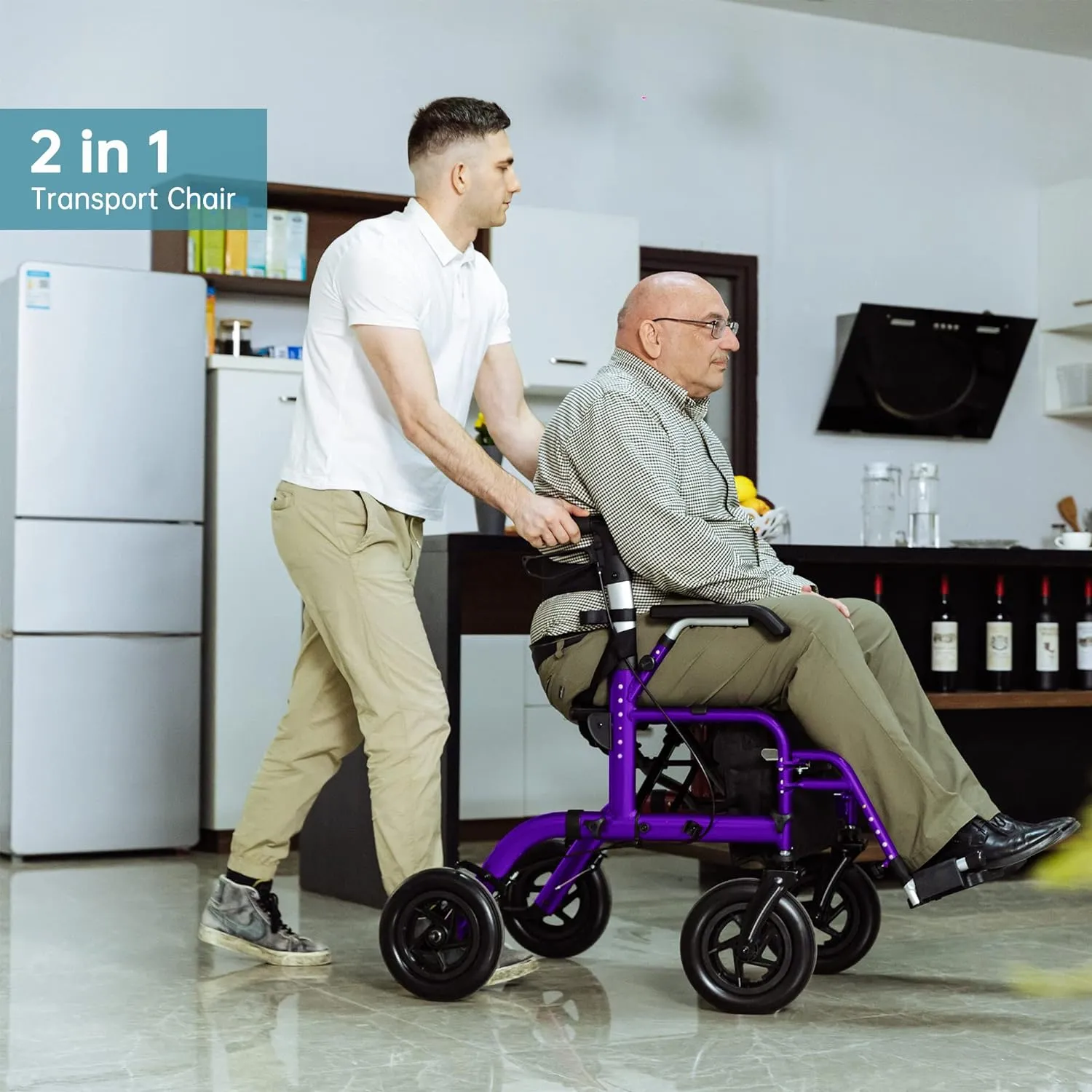 ELENKER All-Terrain 2 in 1 Rollator Walker & Transport Chair, Folding Wheelchair with All 10” Wheels for Seniors, Reversible Backrest & Detachable Footrests, Purple
