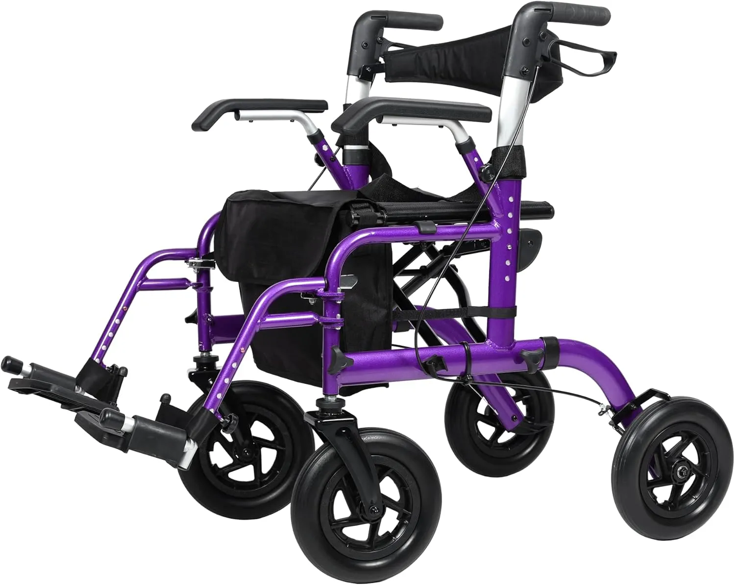 ELENKER All-Terrain 2 in 1 Rollator Walker & Transport Chair, Folding Wheelchair with All 10” Wheels for Seniors, Reversible Backrest & Detachable Footrests, Purple