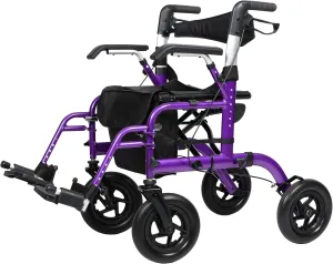 ELENKER All-Terrain 2 in 1 Rollator Walker & Transport Chair, Folding Wheelchair with All 10” Wheels for Seniors, Reversible Backrest & Detachable Footrests, Purple
