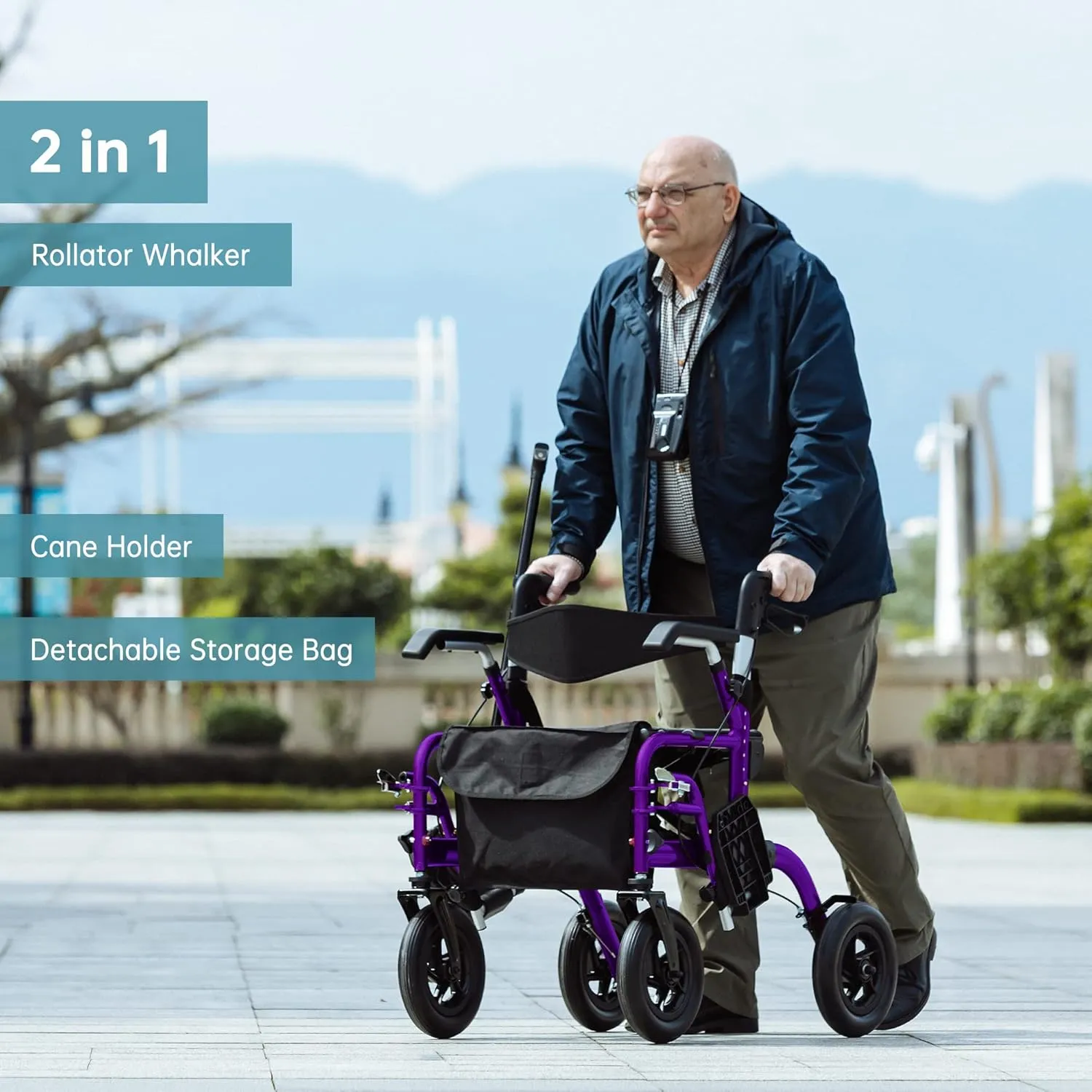 ELENKER All-Terrain 2 in 1 Rollator Walker & Transport Chair, Folding Wheelchair with All 10” Wheels for Seniors, Reversible Backrest & Detachable Footrests, Purple