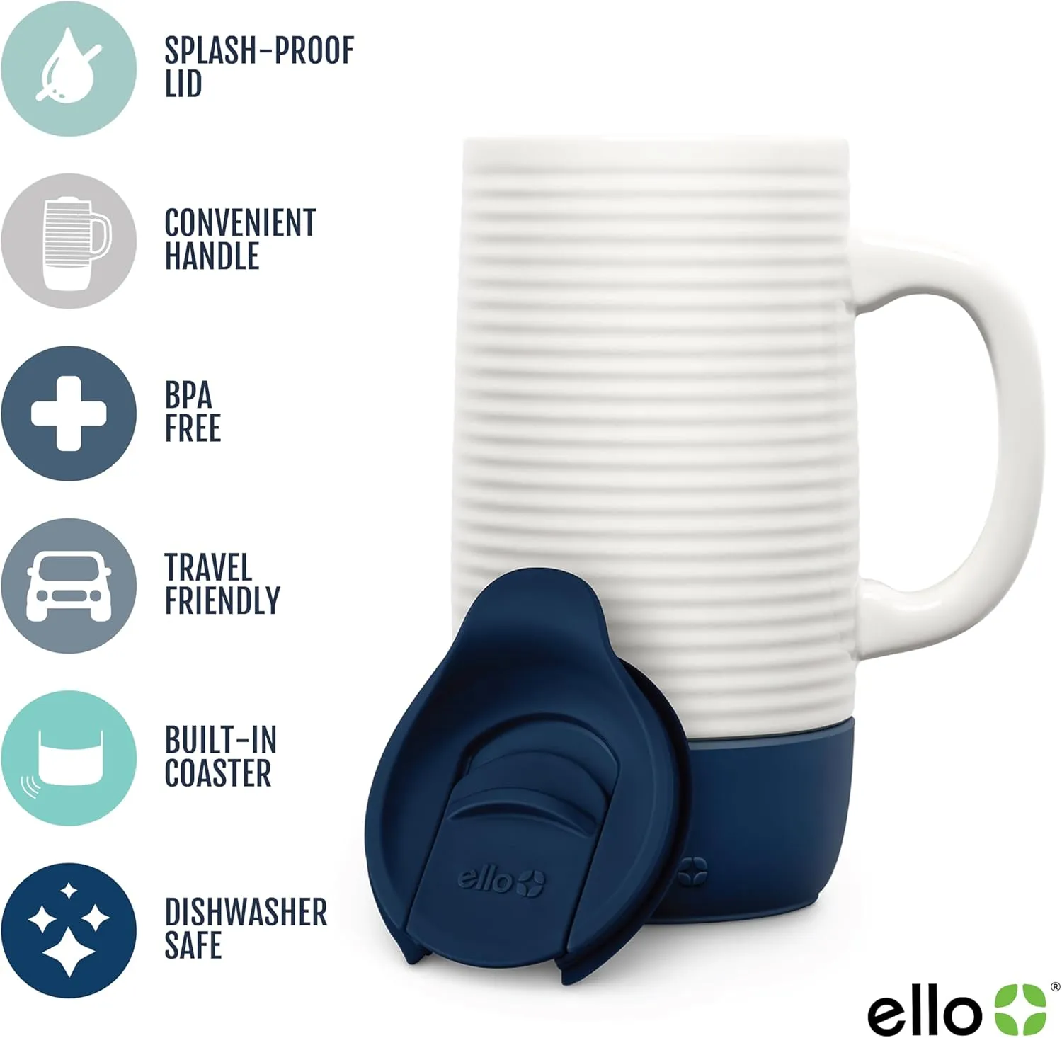Ello Jane 18oz Ceramic Travel Mug with Handle, Splash-Resistant Slider Lid and Built-in Coaster, Perfect for Coffee and Tea, BPA Free, Dishwasher Safe, Gift for Holiday Him Her Mother's Day