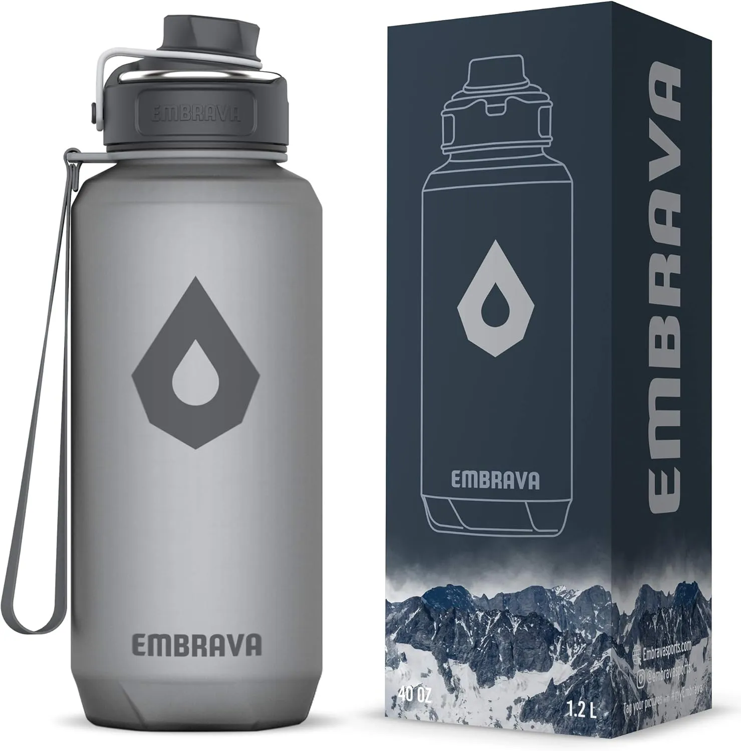 Embrava 40oz Water Bottle - Large with Travel Carry Ring - Wide Leak Proof Drink Spout - Heavy-Duty, BPA & BPS Free Tritan Plastic - Best for Sports, Hiking, Gym, Men & Women